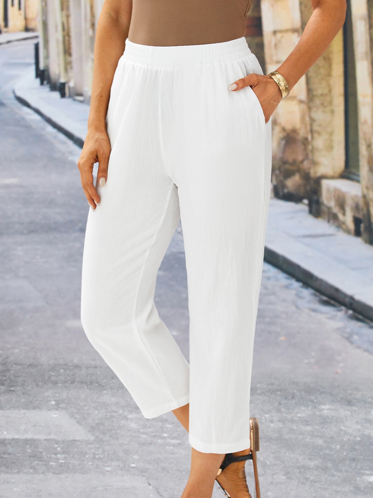 Pantalon Femme Décontraté Lin Coton Unicolores Ample Été Confortable