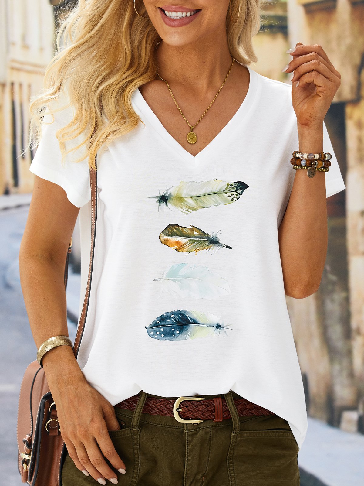 T-shirt Décontracté Plume Motif Col en V Léger Micro-élasticité Quotidien Manches courtes H-Line pour Femme