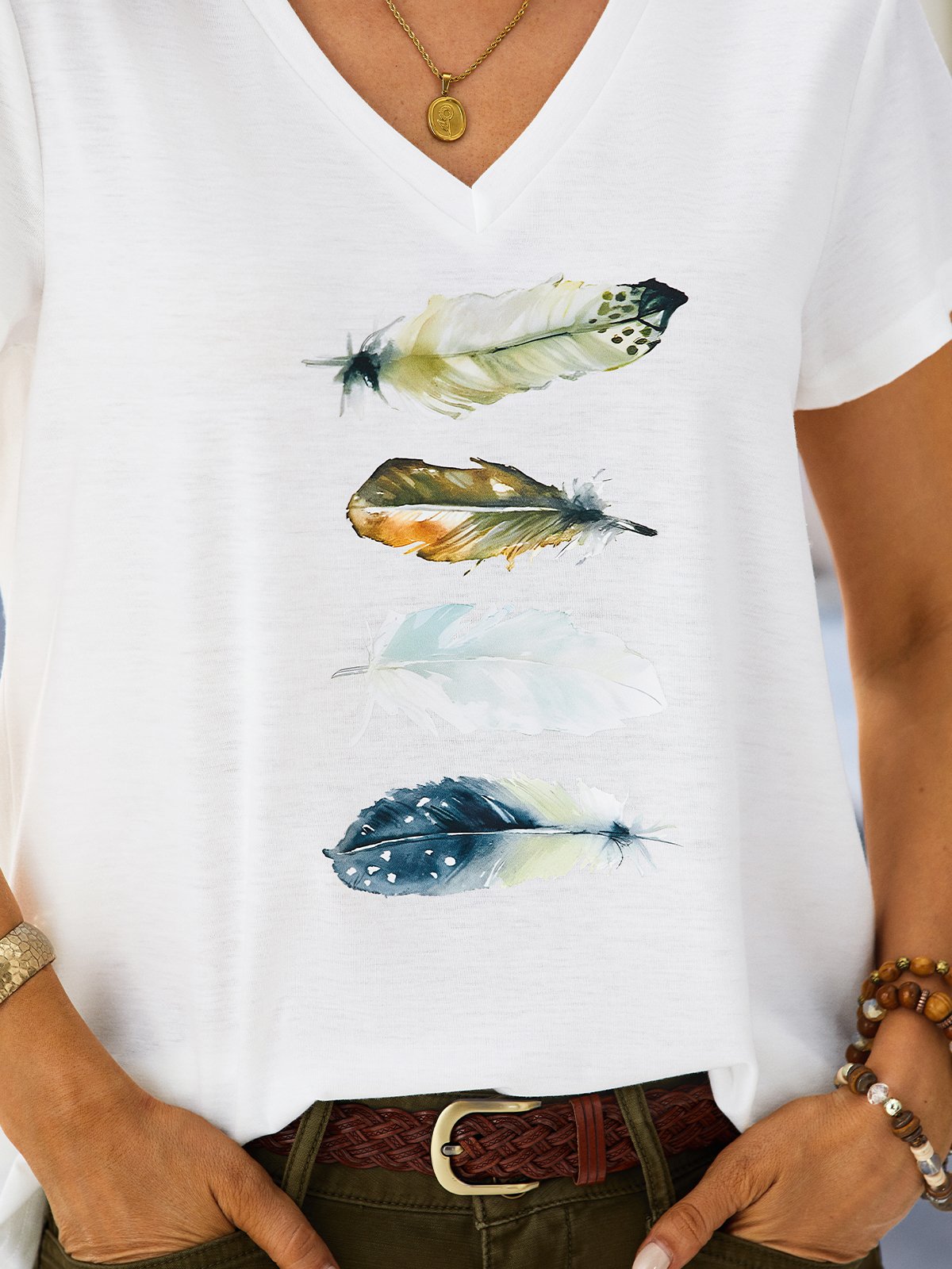 T-shirt Décontracté Plume Motif Col en V Léger Micro-élasticité Quotidien Manches courtes H-Line pour Femme