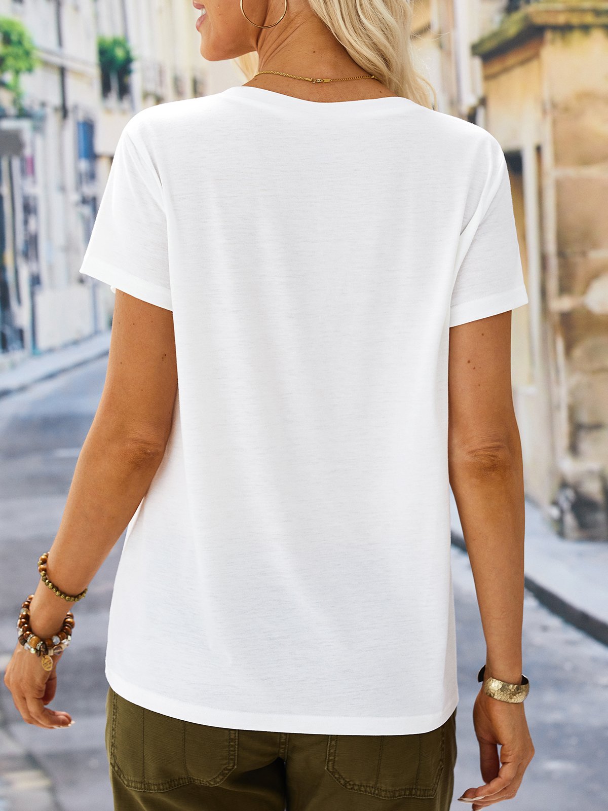 T-shirt Décontracté Plume Motif Col en V Léger Micro-élasticité Quotidien Manches courtes H-Line pour Femme