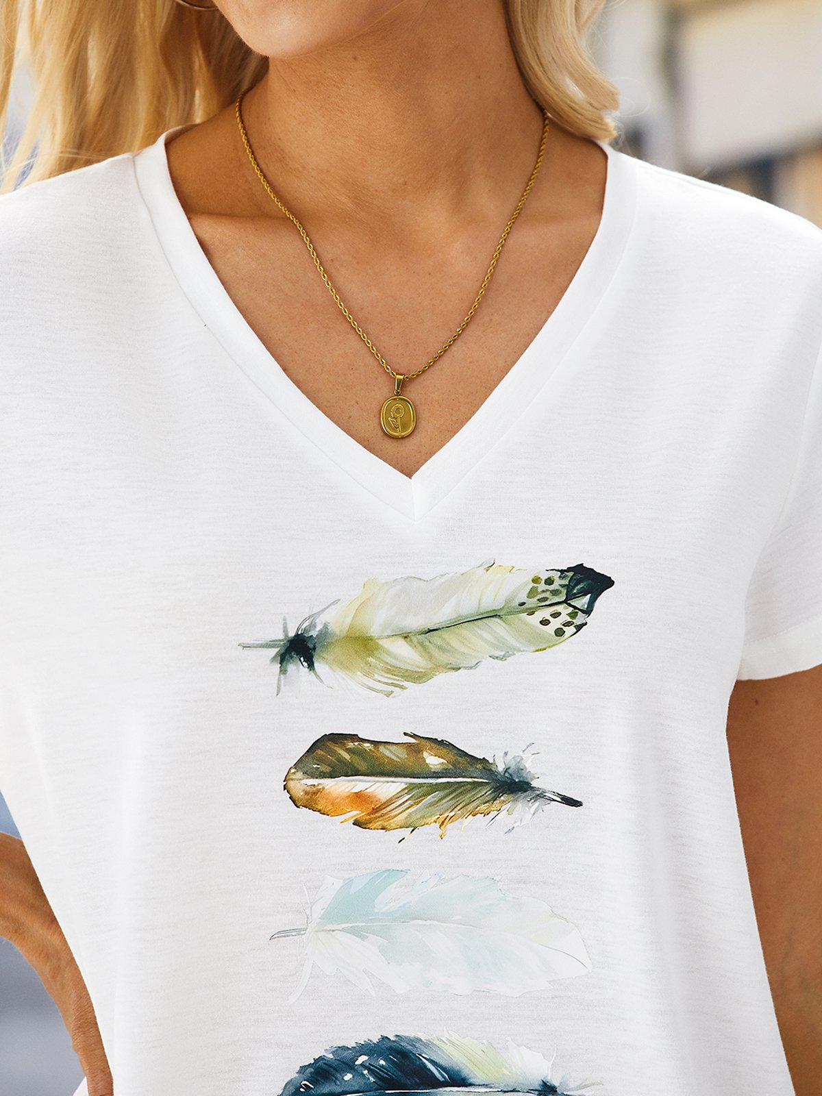 T-shirt Décontracté Plume Motif Col en V Léger Micro-élasticité Quotidien Manches courtes H-Line pour Femme