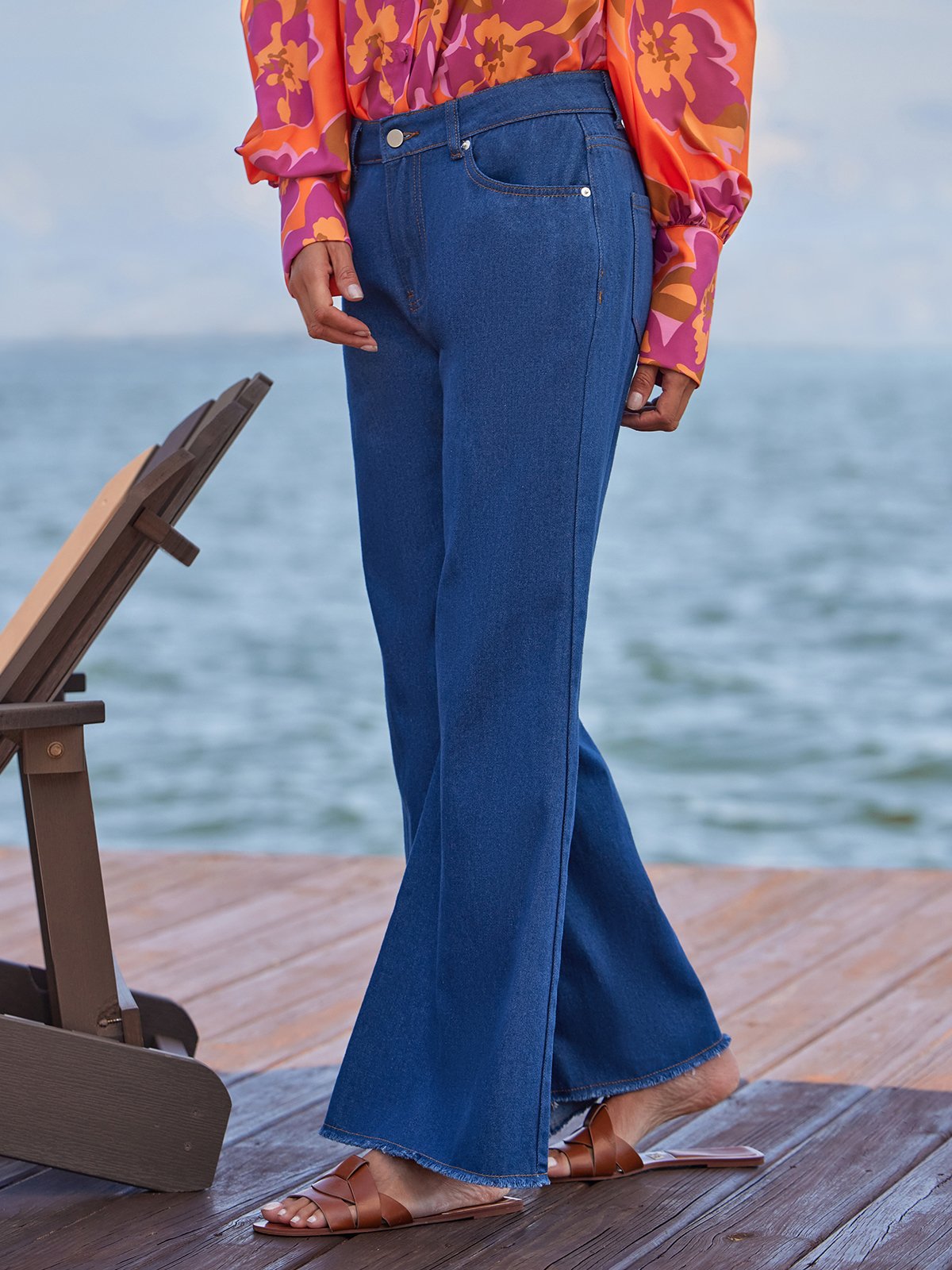 Jeans Plain Toutes Les Saisons Urbain Naturel Aucune élasticité Ample Long Trapèze Régulier pour Femmes