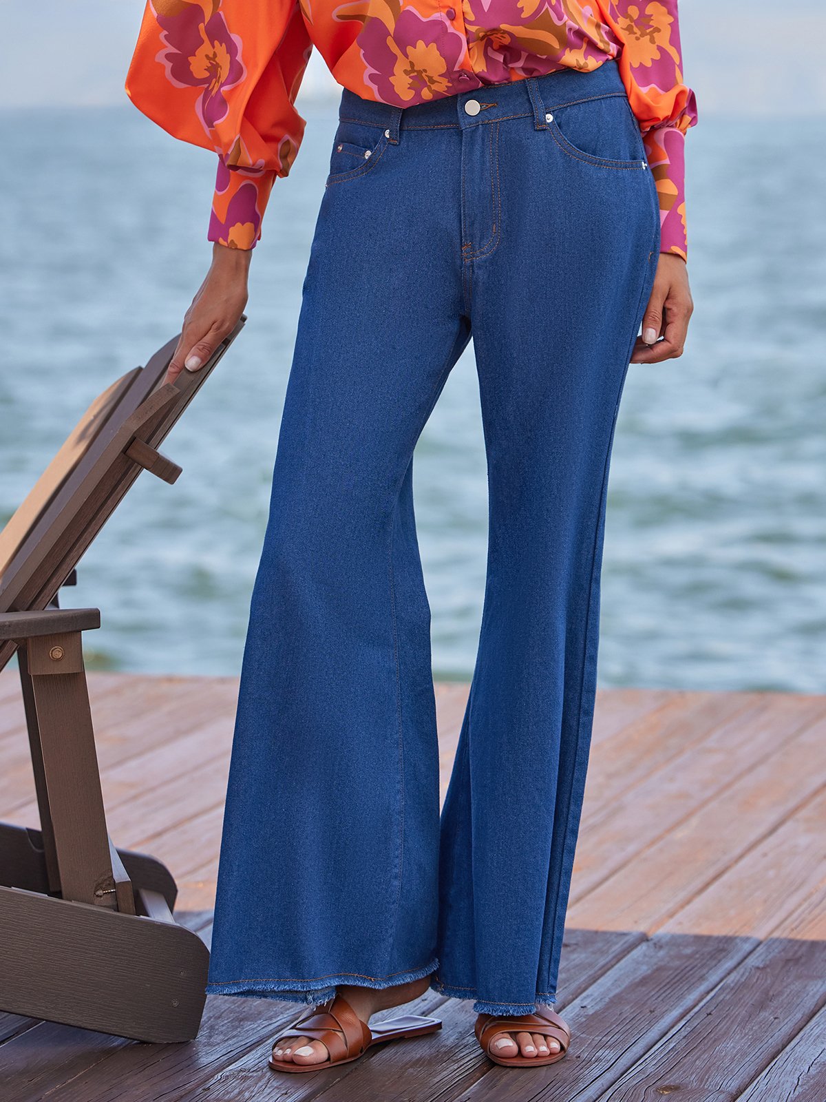 Jeans Plain Toutes Les Saisons Urbain Naturel Aucune élasticité Ample Long Trapèze Régulier pour Femmes