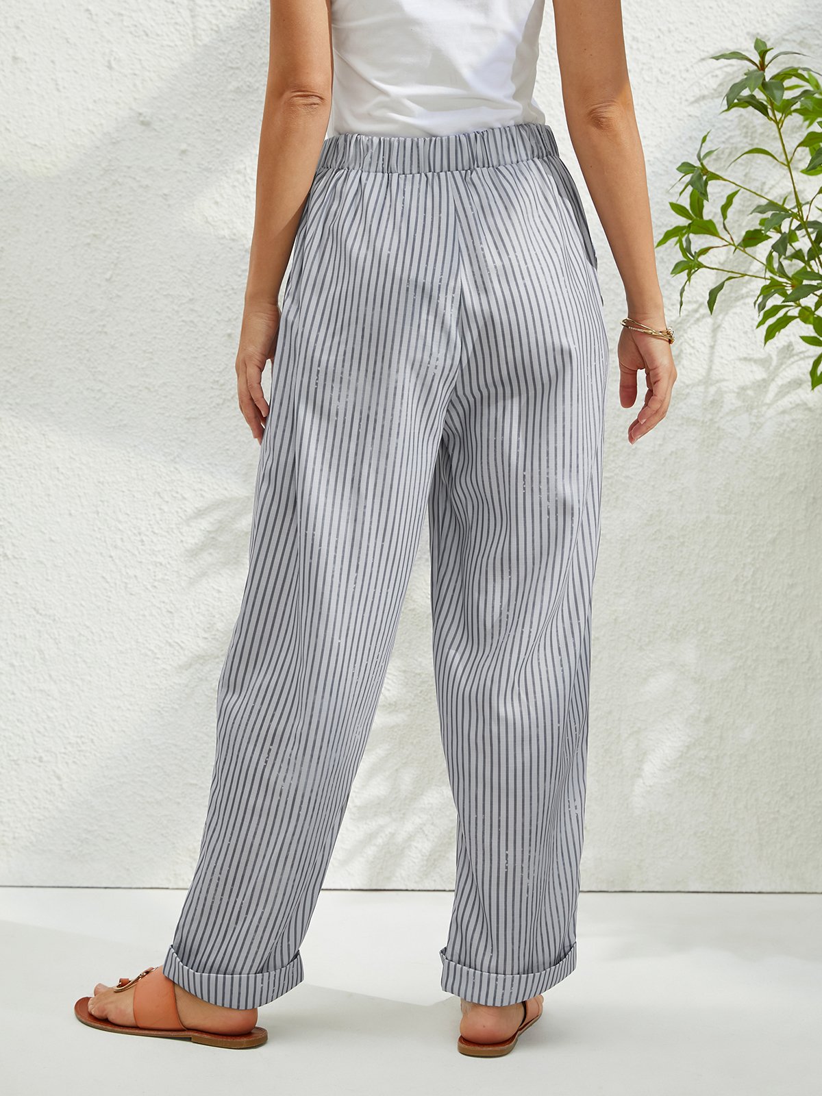 Pantalons Femmes Toutes Les Saisons en Lin Classique Géométrie Boutonné Ample Bande Élastique Polyester Coton Pantalon navet Régulier