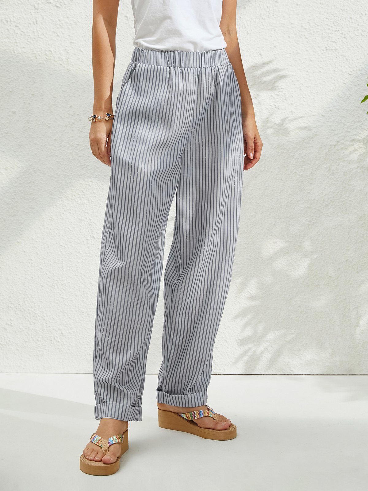 Pantalons Femmes Toutes Les Saisons en Lin Classique Géométrie Boutonné Ample Bande Élastique Polyester Coton Pantalon navet Régulier