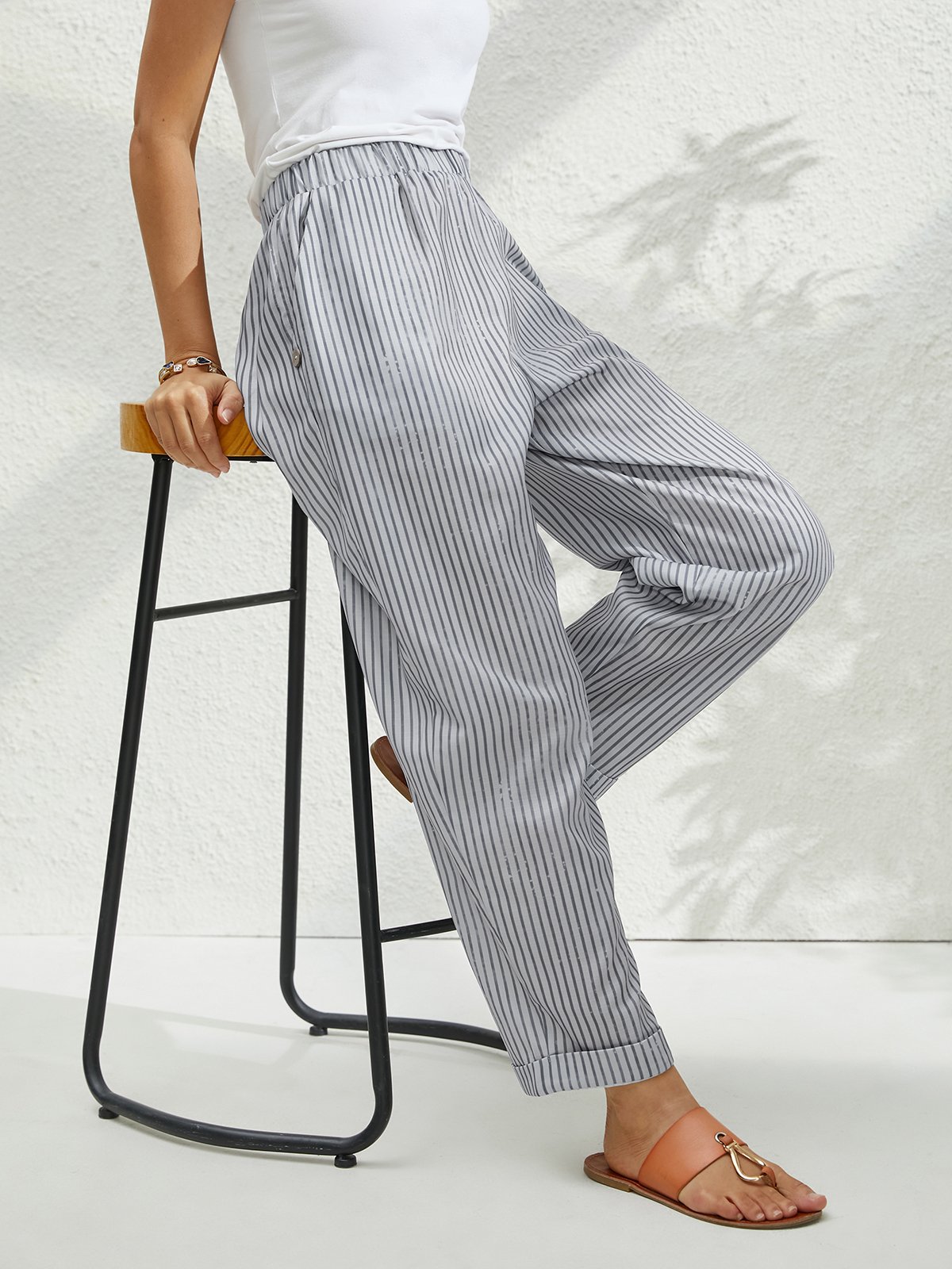 Pantalons Femmes Toutes Les Saisons en Lin Classique Géométrie Boutonné Ample Bande Élastique Polyester Coton Pantalon navet Régulier