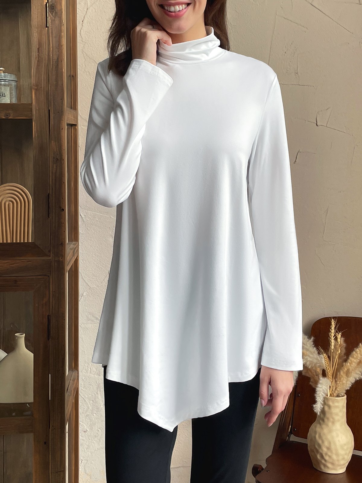 T-shirts Femmes Décontracté Plain Printemps / Automne Asymétrique Naturel Micro-élasticité Jersey Régulier Régulier