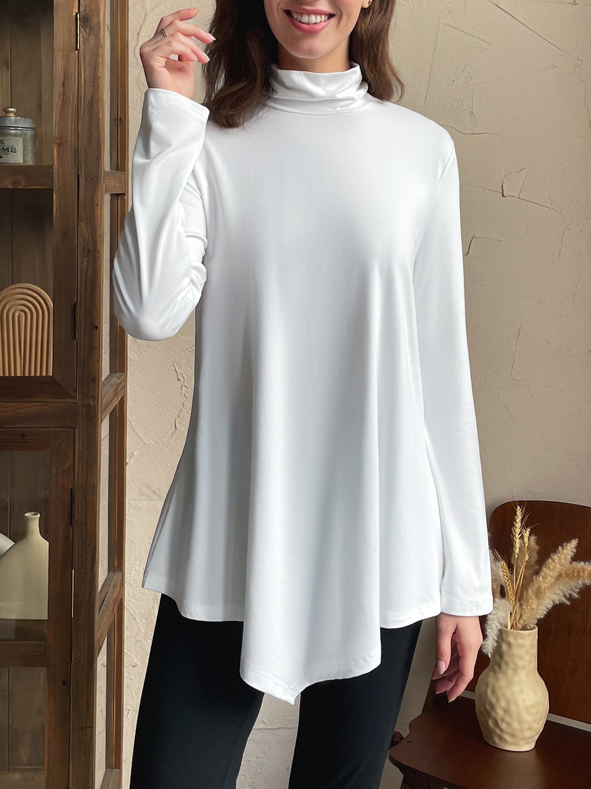 T-shirts Femmes Décontracté Plain Printemps / Automne Asymétrique Naturel Micro-élasticité Jersey Régulier Régulier