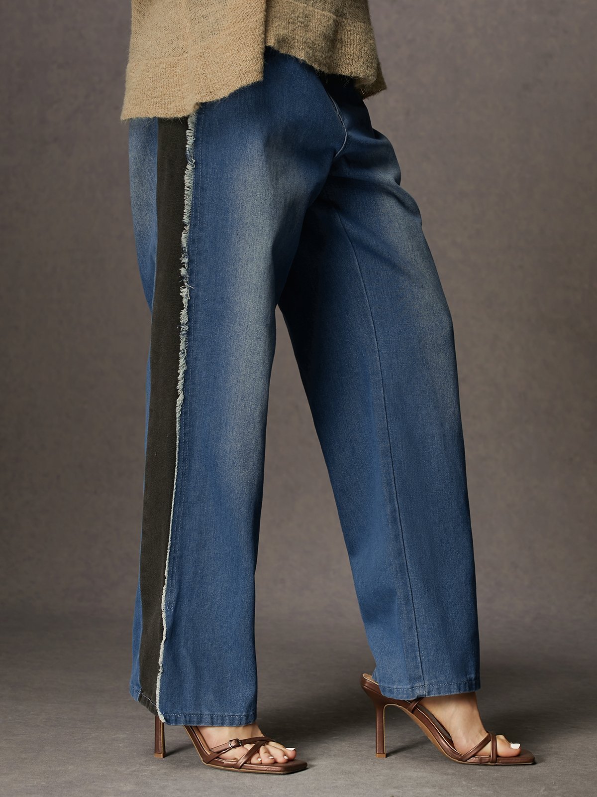 Jeans Bloc de Couleur Toutes Les Saisons Urbain Quotidien Taille Moyenne Pantalon droit Toile de Jean Long Droit pour Femmes