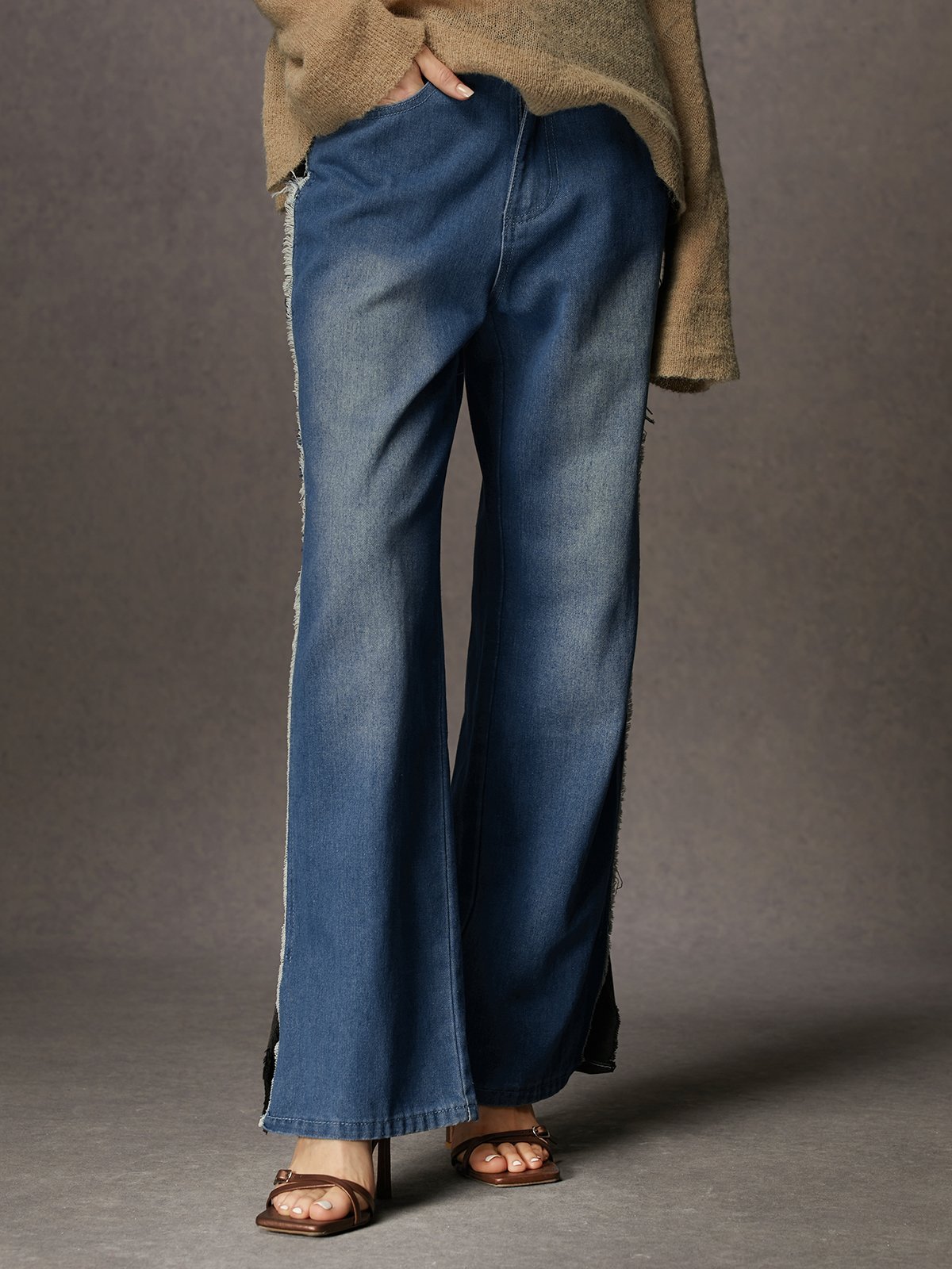 Jeans Bloc de Couleur Toutes Les Saisons Urbain Quotidien Taille Moyenne Pantalon droit Toile de Jean Long Droit pour Femmes