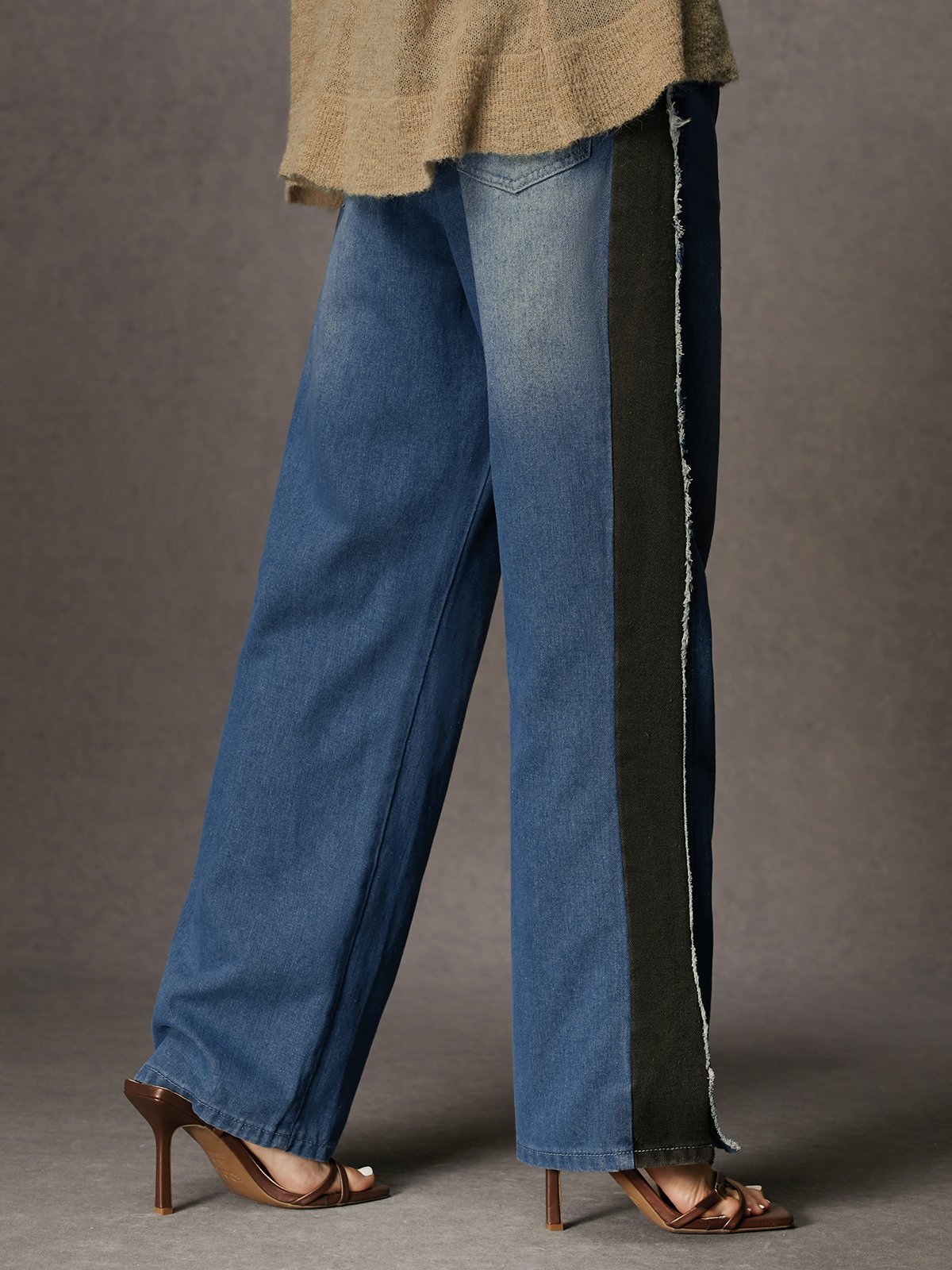 Jeans Bloc de Couleur Toutes Les Saisons Urbain Quotidien Taille Moyenne Pantalon droit Toile de Jean Long Droit pour Femmes