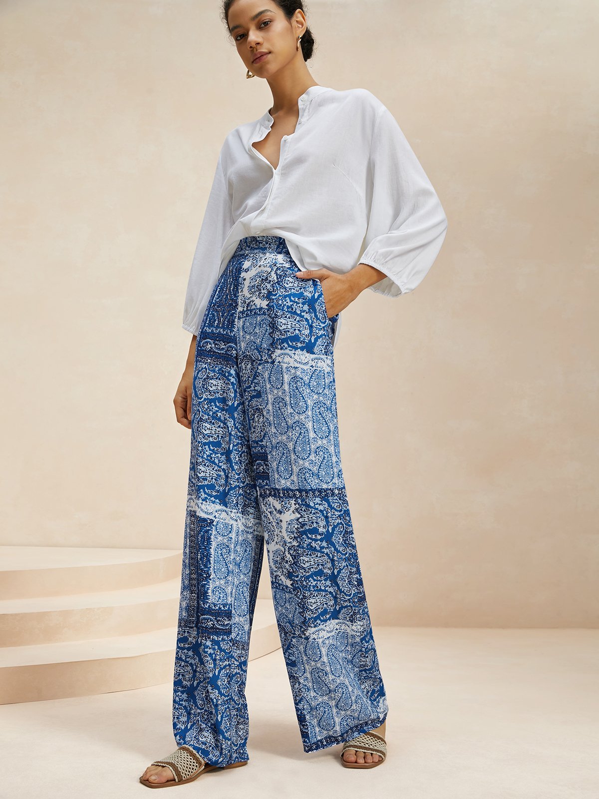 Pantalons Femmes Décontracté Ethnique Printemps / Automne Polyester Naturel Fête Pantalons à Jambe Large Long Régulier