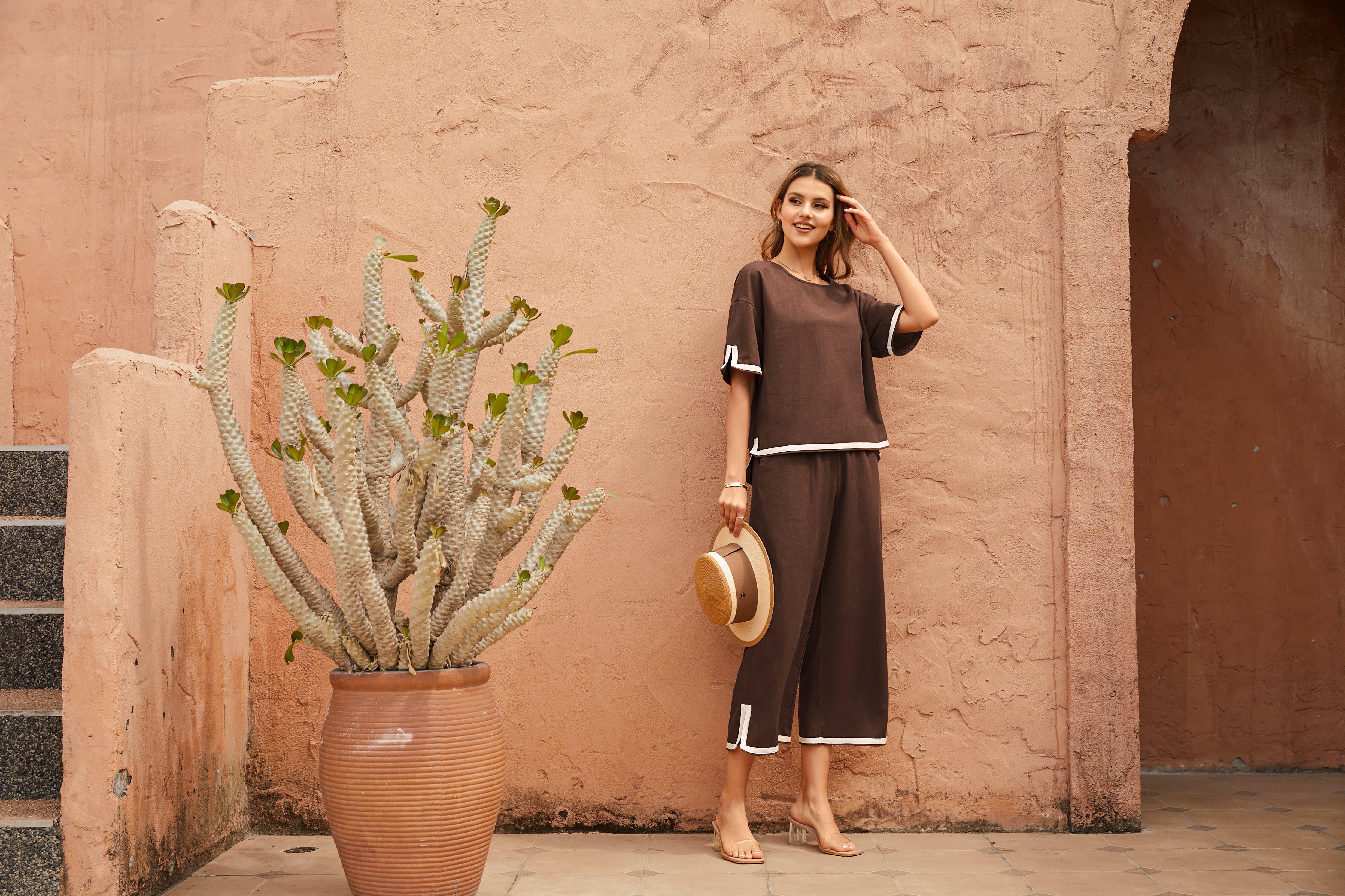 Deux Pièces Ensembles Décontracté Été Contrasté Couture Coton Ample Manches Courtes Col Rond Top Avec Pantalons Régulier pour Femmes