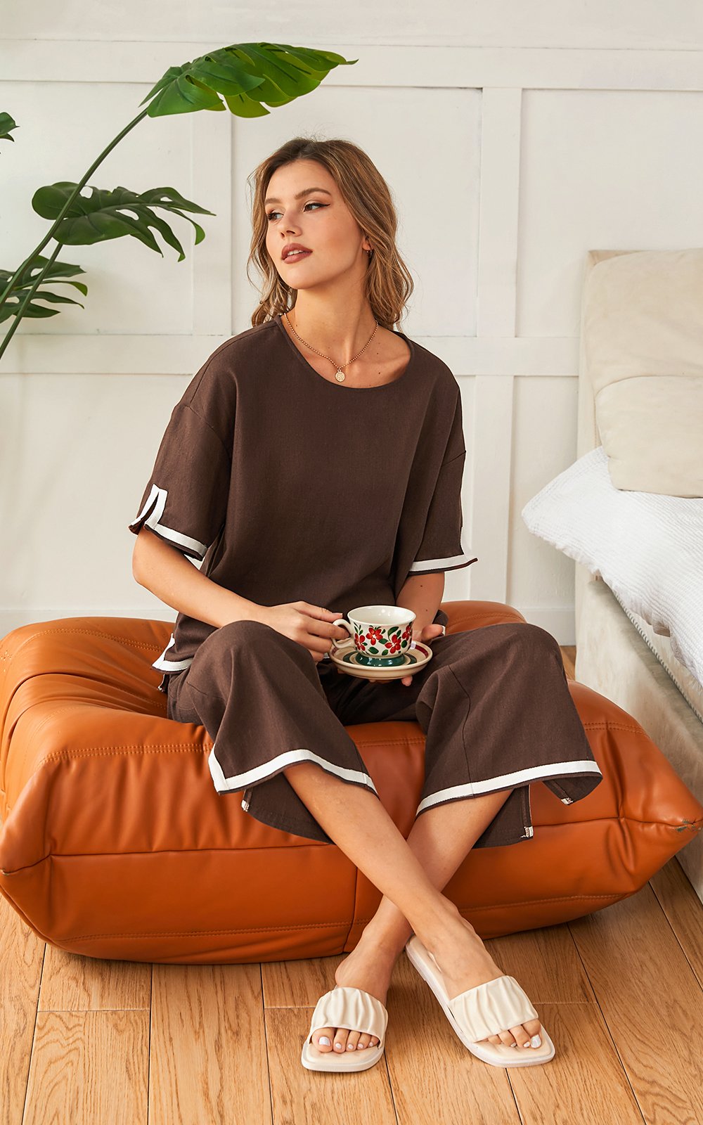 Deux Pièces Ensembles Décontracté Été Contrasté Couture Coton Ample Manches Courtes Col Rond Top Avec Pantalons Régulier pour Femmes