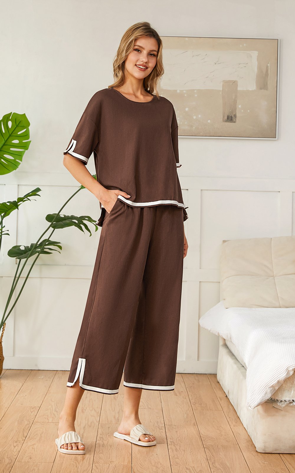 Deux Pièces Ensembles Décontracté Été Contrasté Couture Coton Ample Manches Courtes Col Rond Top Avec Pantalons Régulier pour Femmes