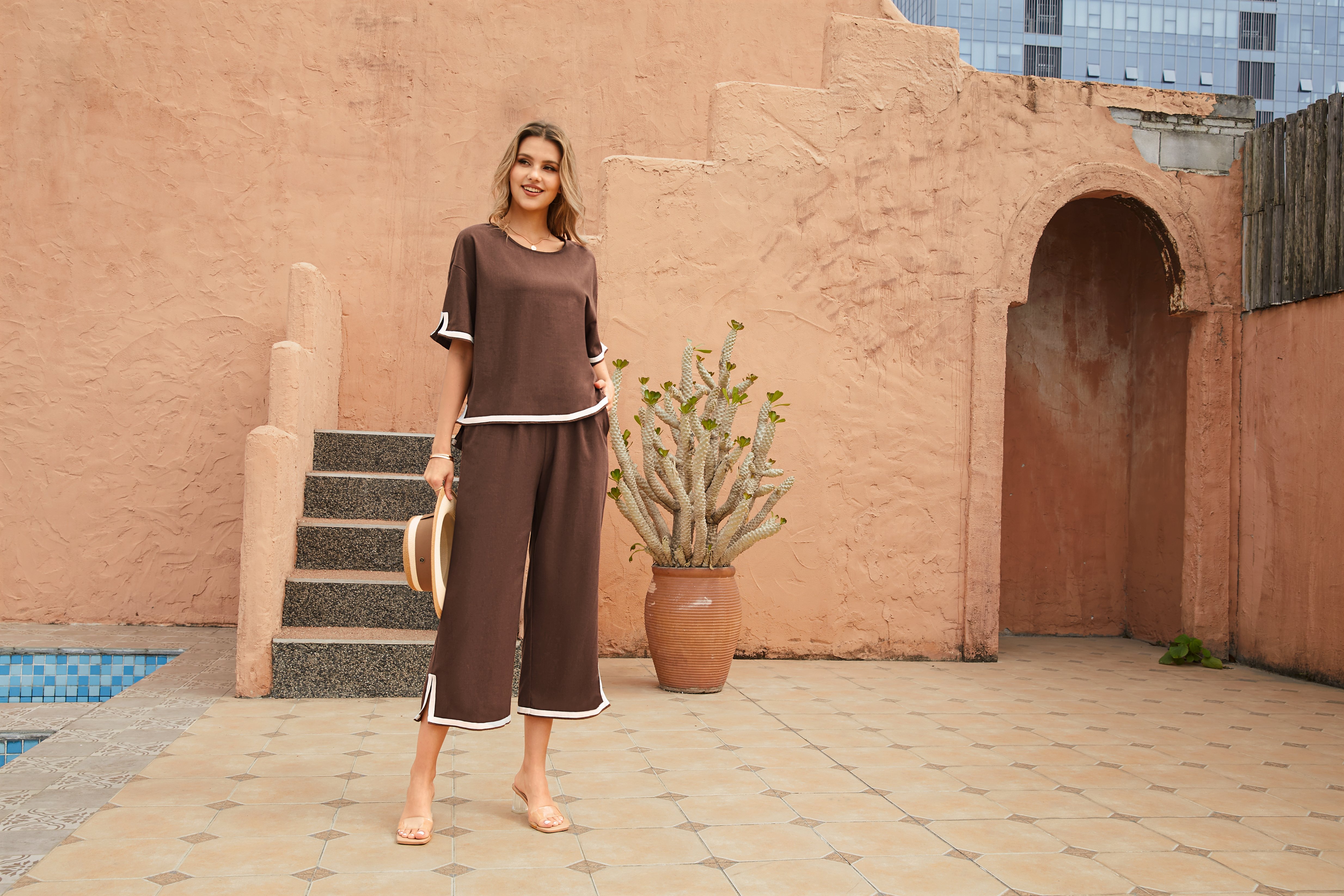 Deux Pièces Ensembles Décontracté Été Contrasté Couture Coton Ample Manches Courtes Col Rond Top Avec Pantalons Régulier pour Femmes