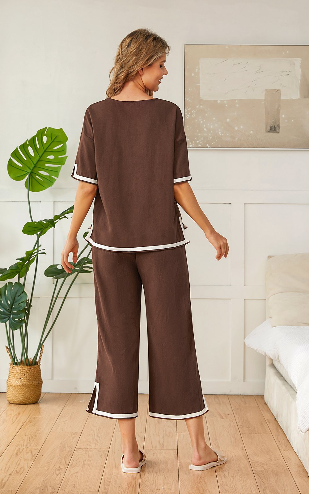 Deux Pièces Ensembles Décontracté Été Contrasté Couture Coton Ample Manches Courtes Col Rond Top Avec Pantalons Régulier pour Femmes