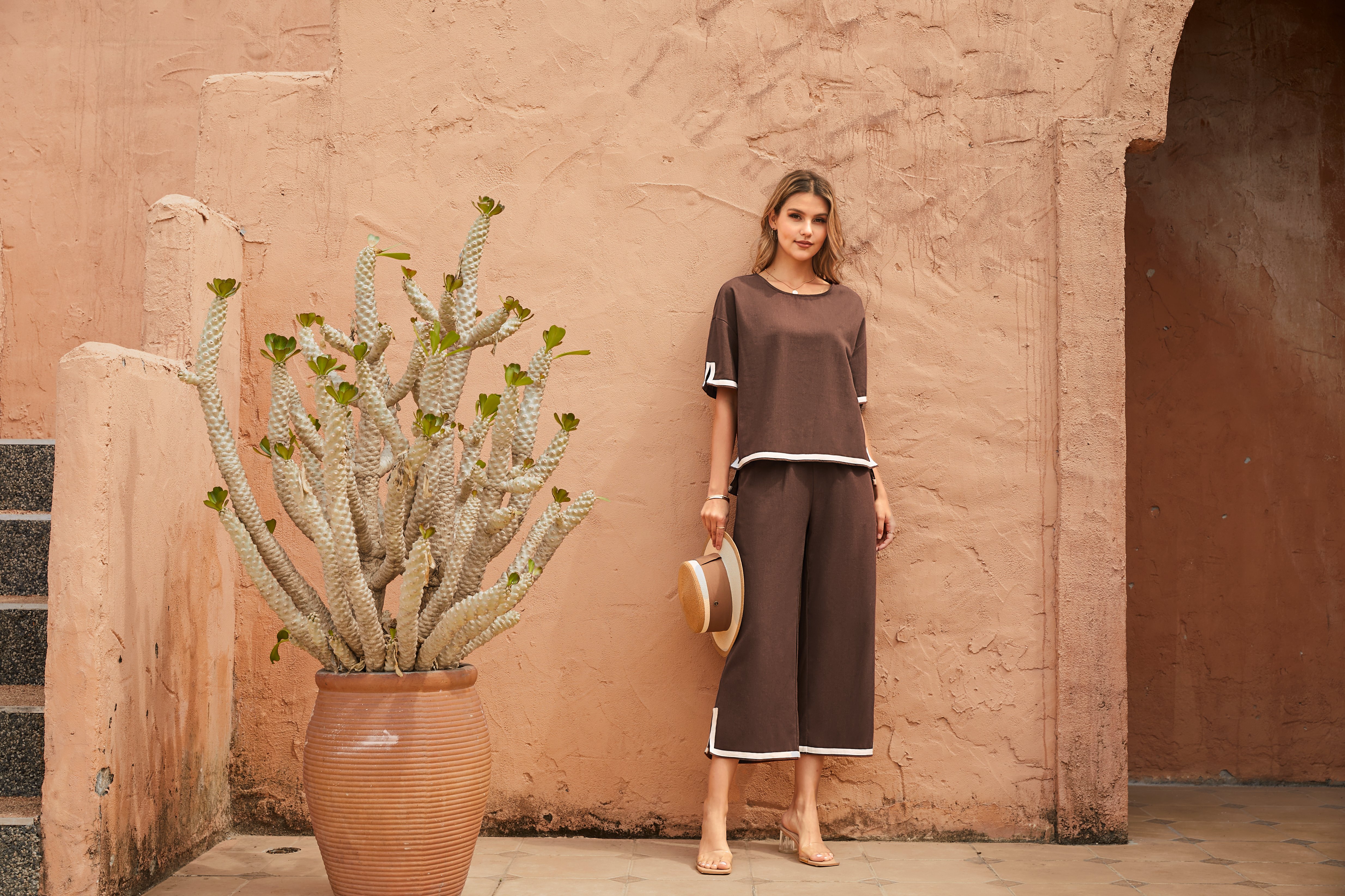 Deux Pièces Ensembles Décontracté Été Contrasté Couture Coton Ample Manches Courtes Col Rond Top Avec Pantalons Régulier pour Femmes