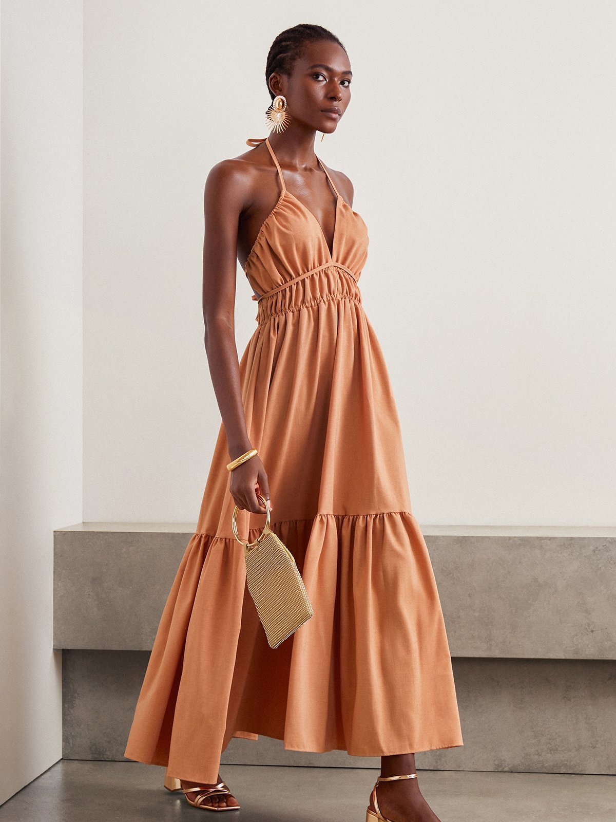 Femmes Plain Orange à Bretelles Confortable Froncé Robe Maxi Vacances