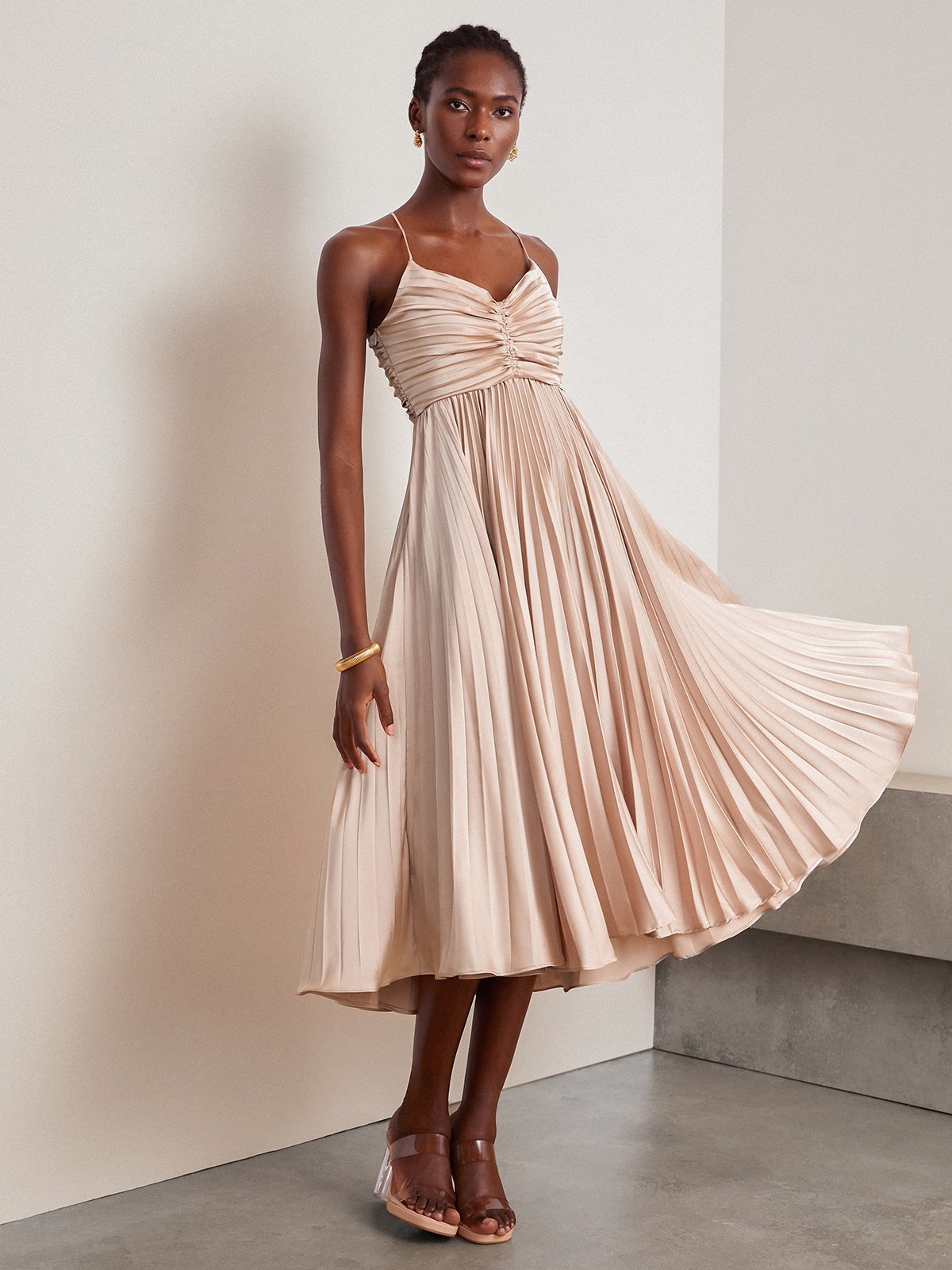 Femmes Plain Rose Clair à Bretelles Confortable Froncé Robe Maxi Vacances