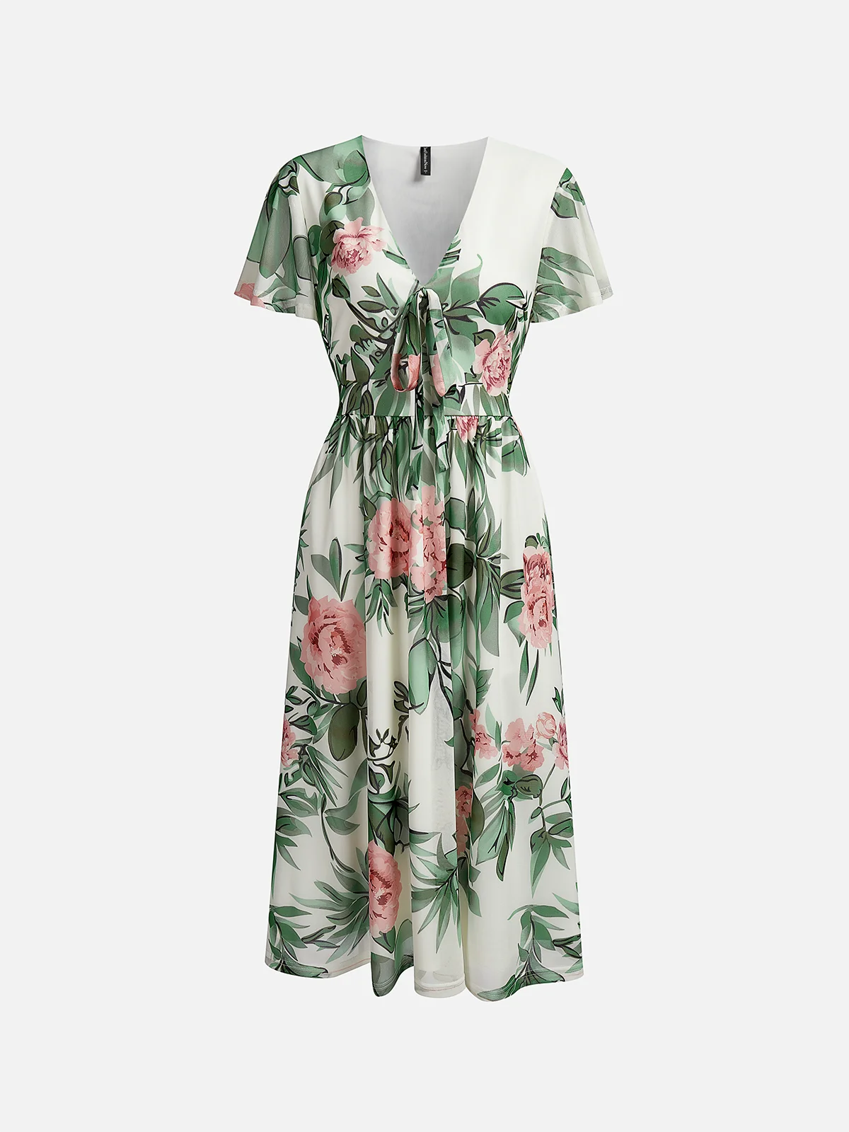 Femmes Floral Vert Col V Confortable à Lacets Robe Mi-Longue Élégant