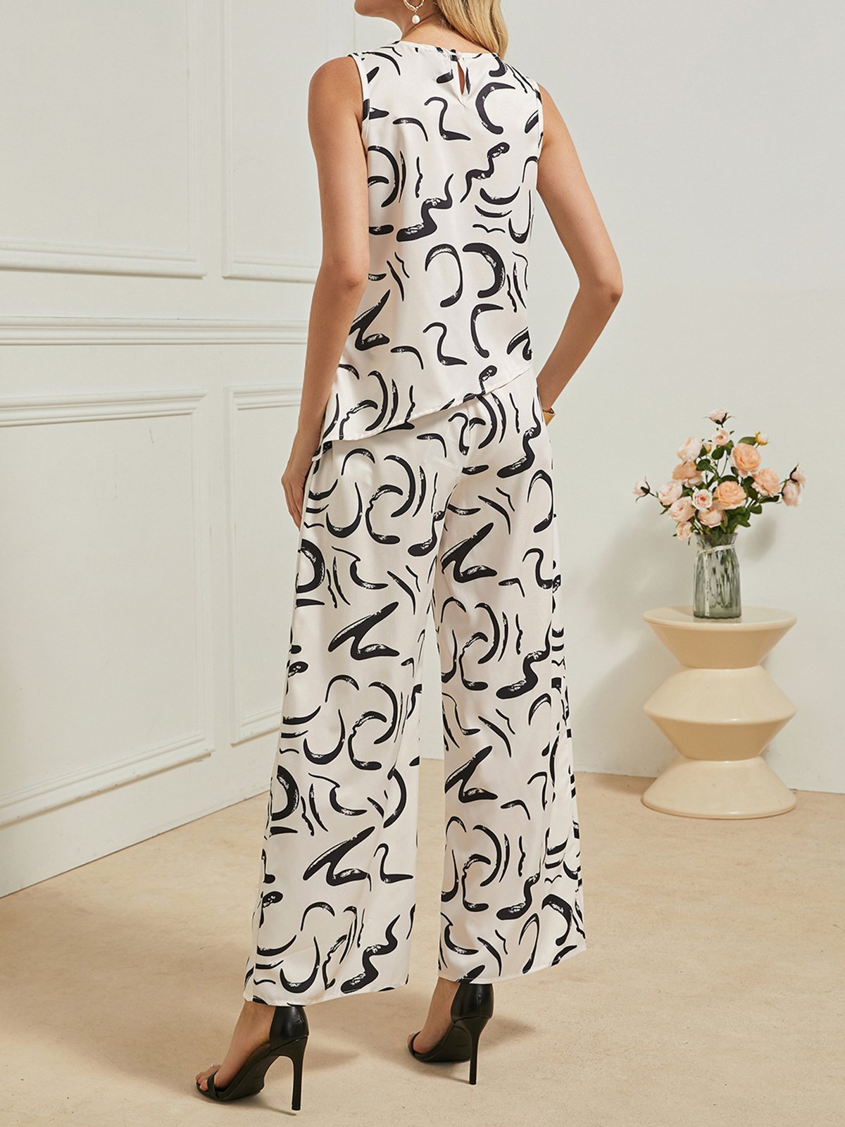 Deux Pièces Ensembles Femmes Été Simple Abstrait Graphique Polyester Quotidien Sans Manches Col Rond Top Avec Pantalons Droit