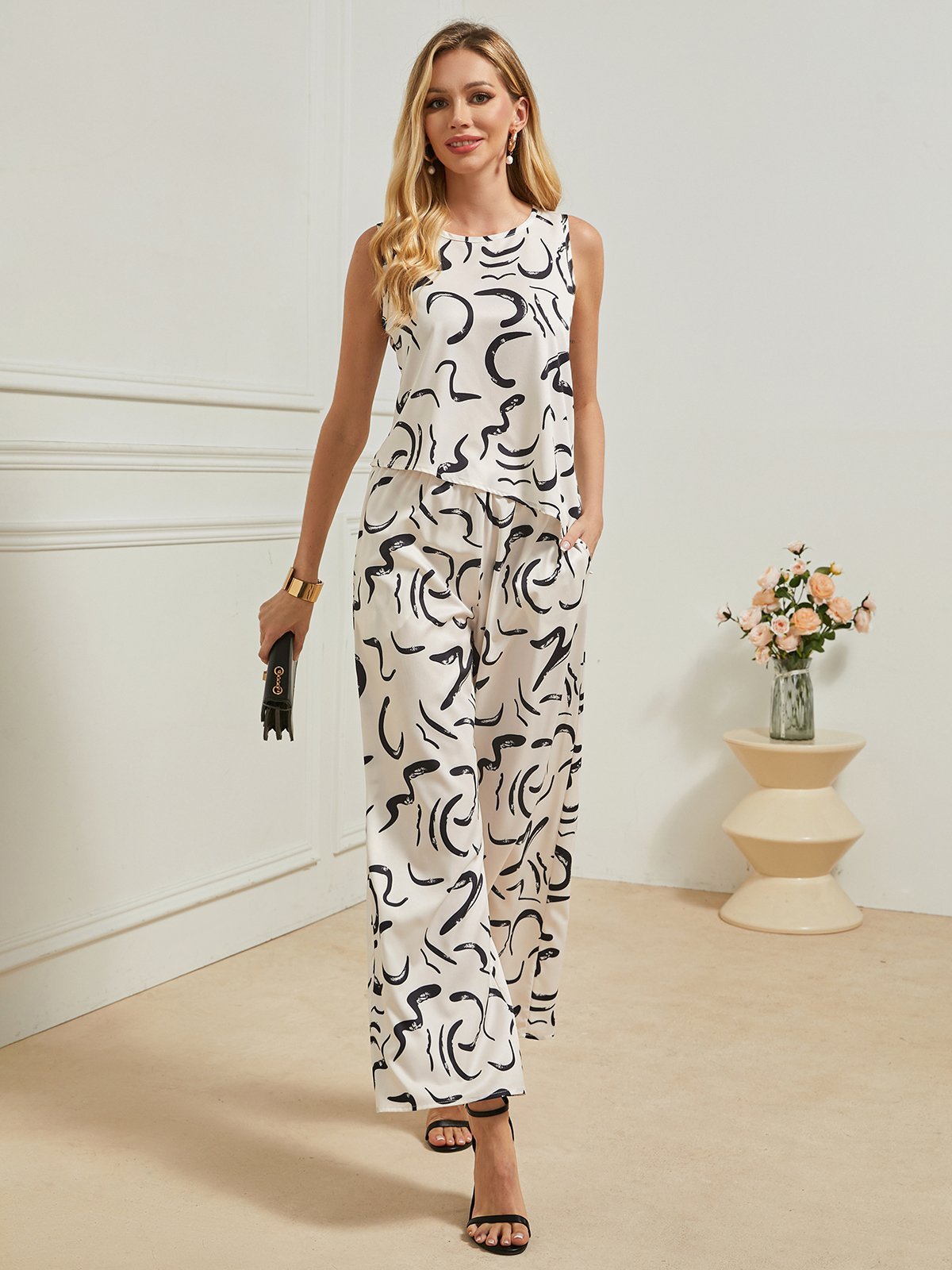 Deux Pièces Ensembles Femmes Été Simple Abstrait Graphique Polyester Quotidien Sans Manches Col Rond Top Avec Pantalons Droit