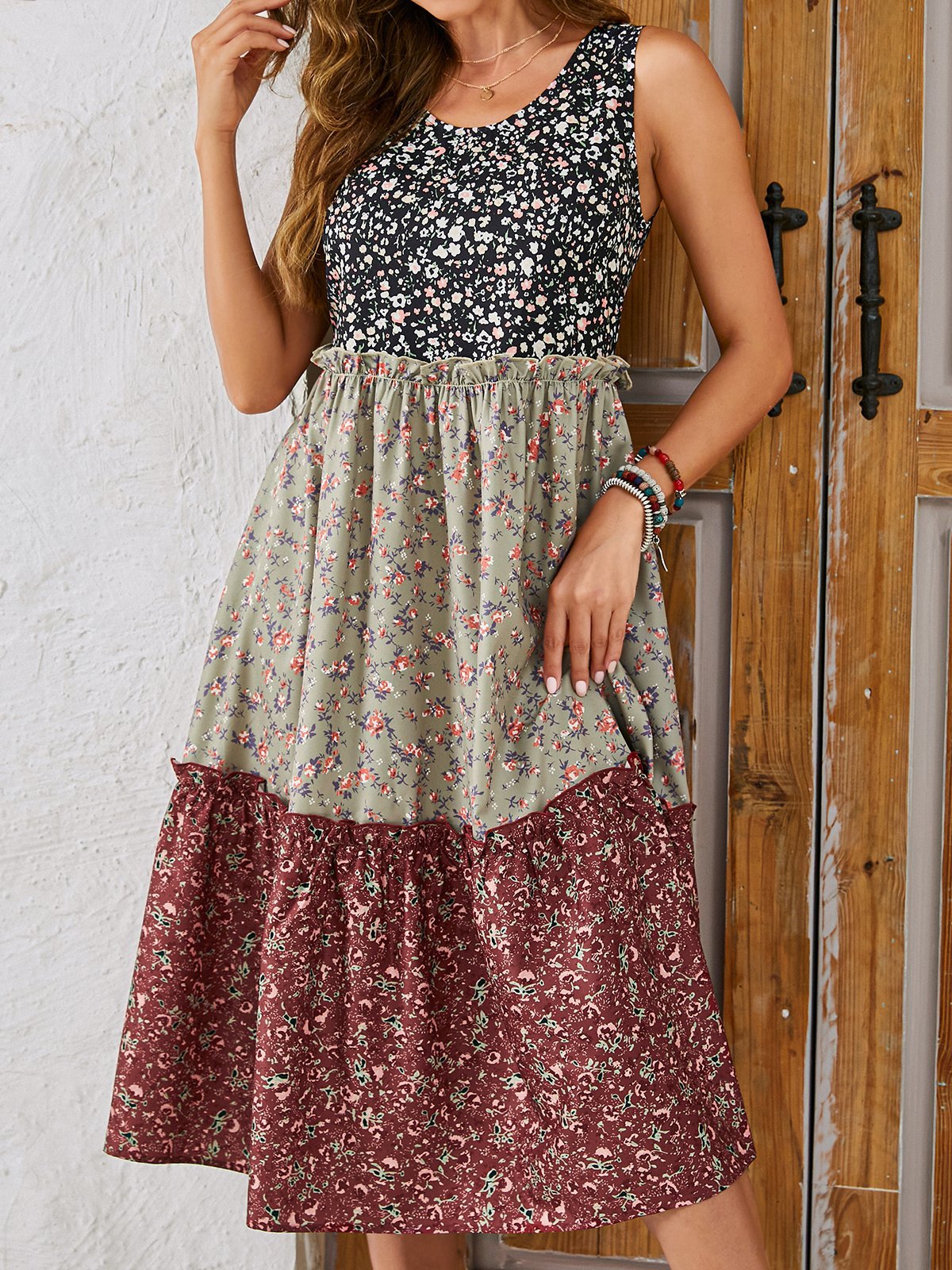 Femmes Floral Multicolore Col Rond Confortable Joint Fendu Robe Mi-Longue Décontracté