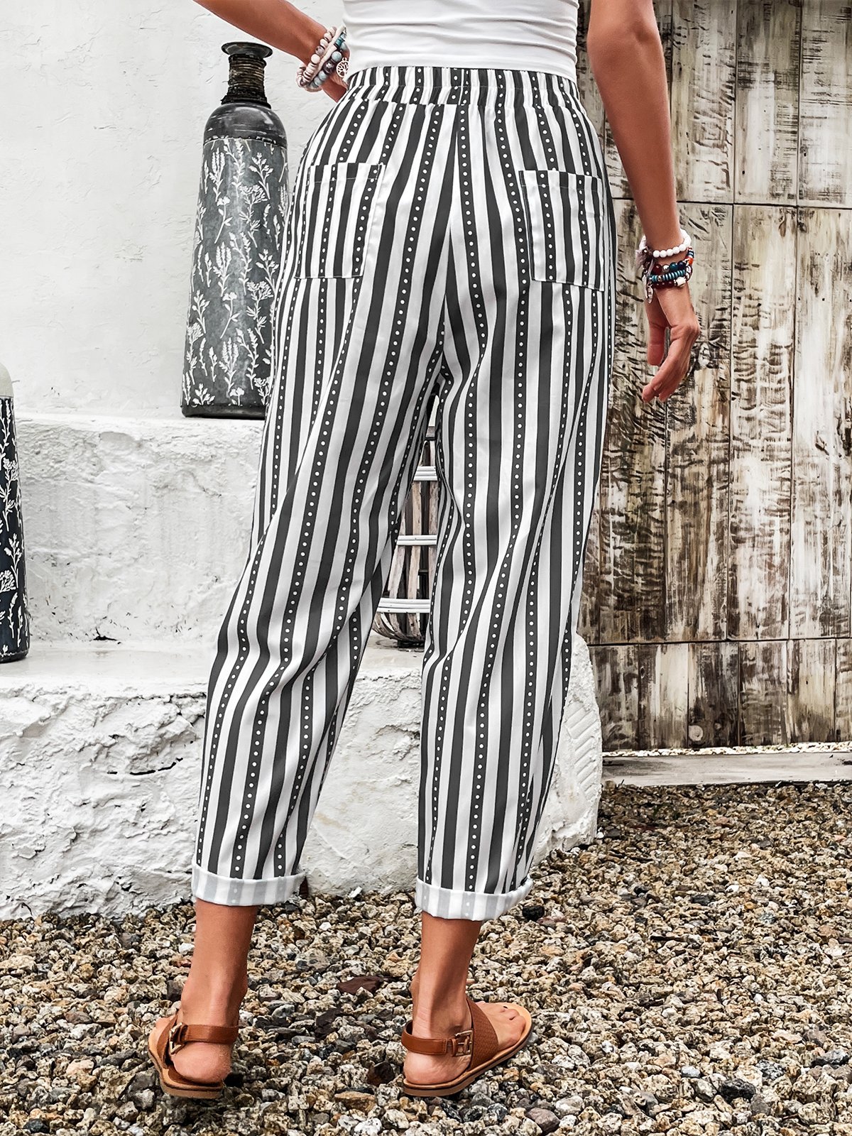 Pantalons Femmes Rayé Décontracté Printemps / Automne Coton Aucune élasticité Quotidien Droit Régulier Poche Couture