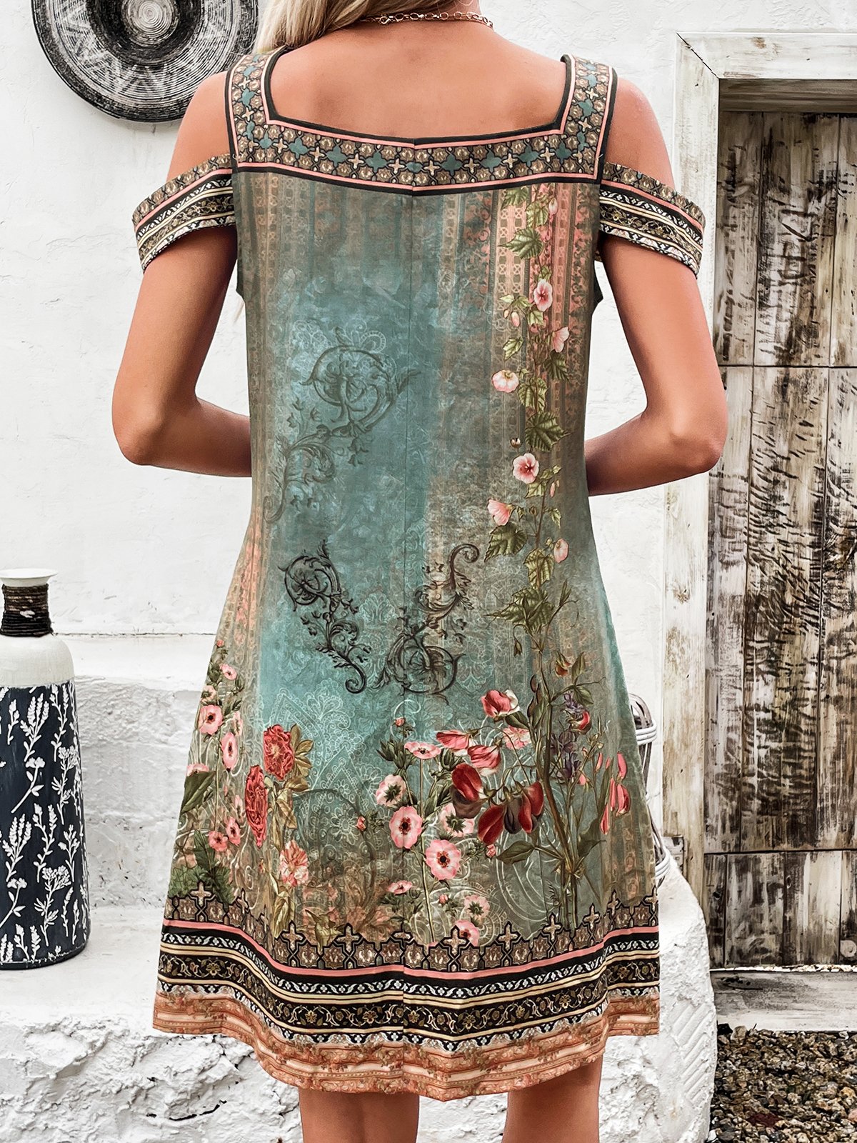 Femmes Floral Vert Col V Confortable Mini Robe Décontracté