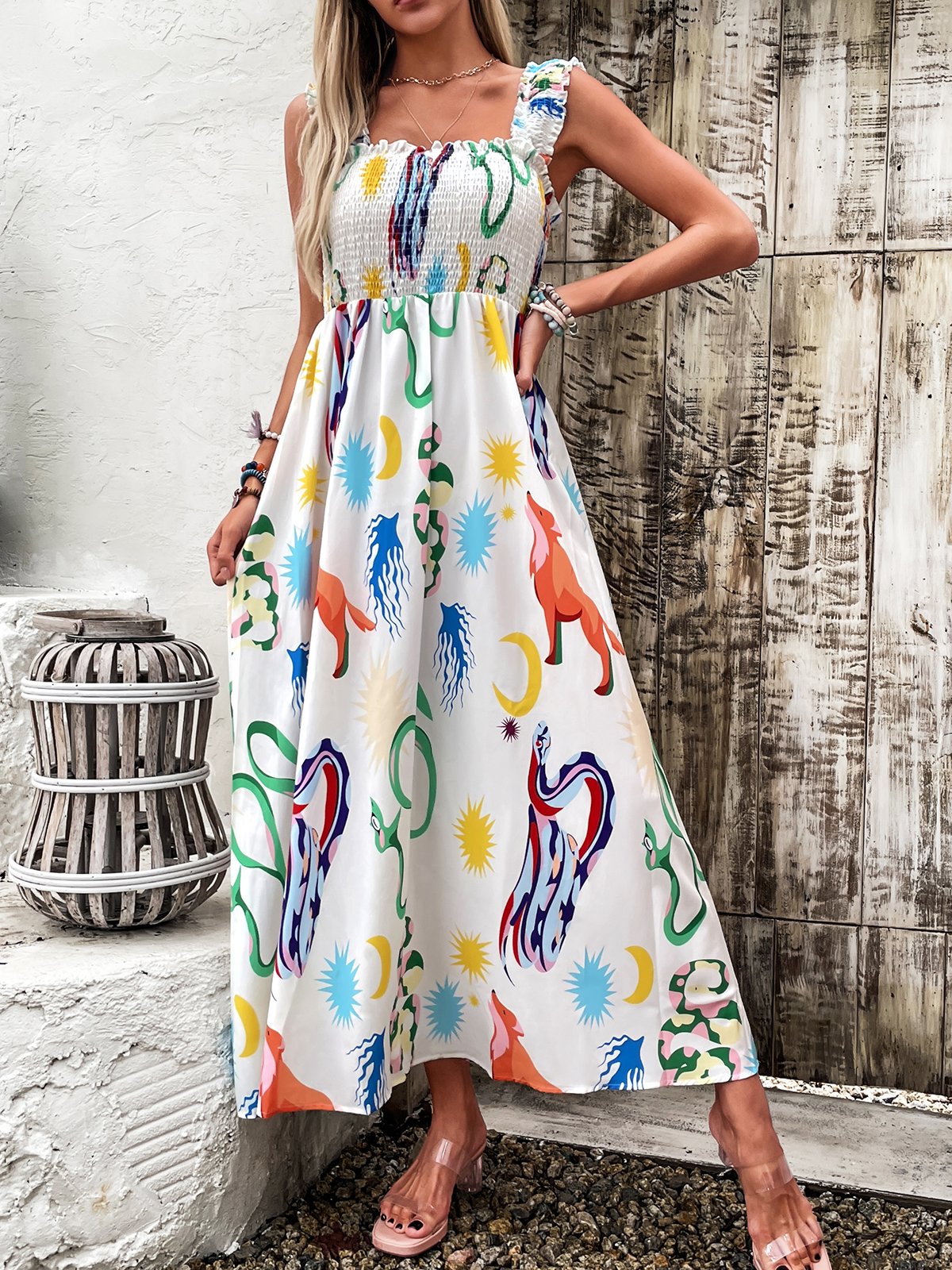 Femmes Géométrique Blanc à Bretelles Confortable Brouiller Robe Maxi Vacances