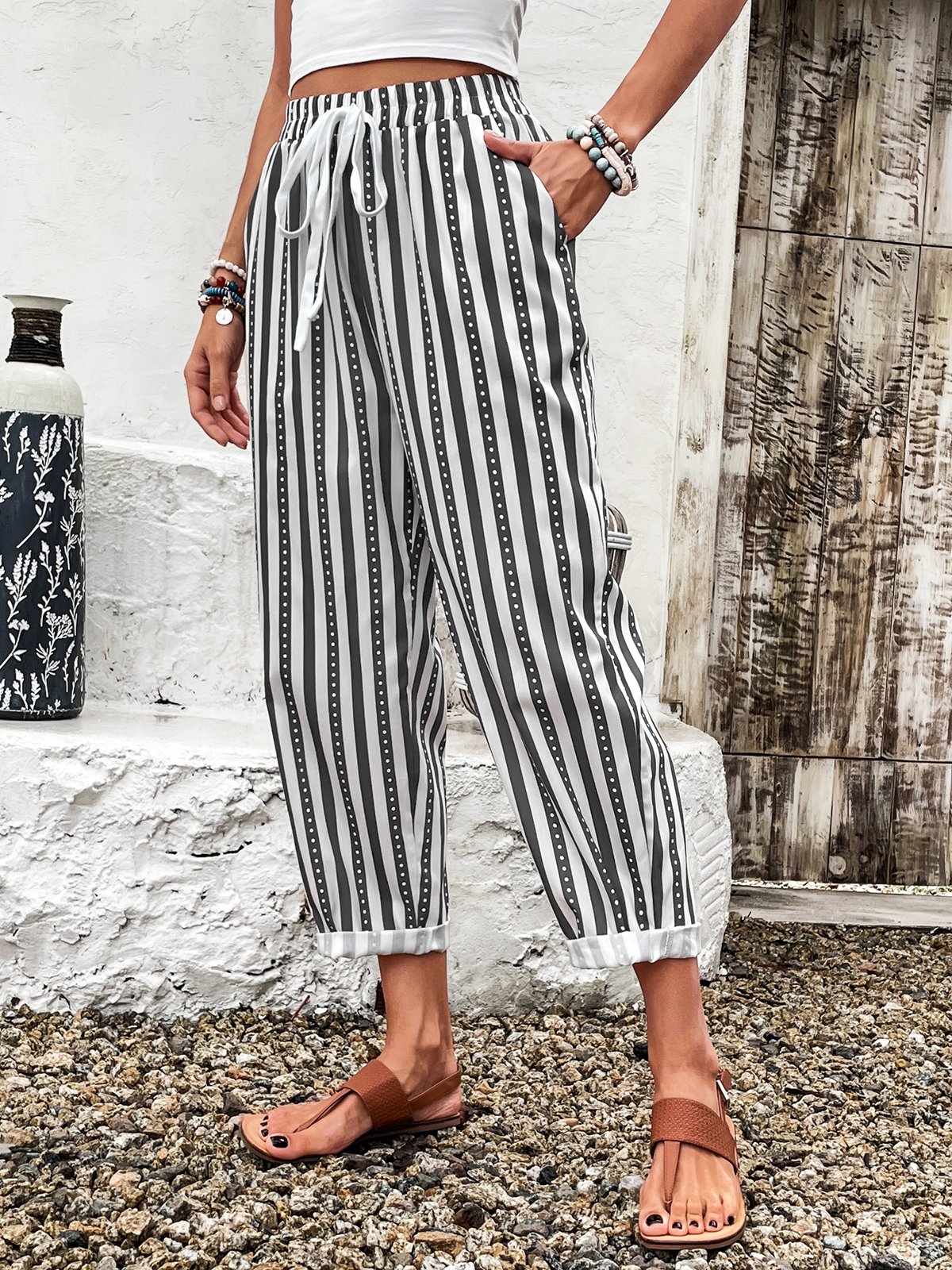 Pantalons Femmes Rayé Décontracté Printemps / Automne Coton Aucune élasticité Quotidien Droit Régulier Poche Couture
