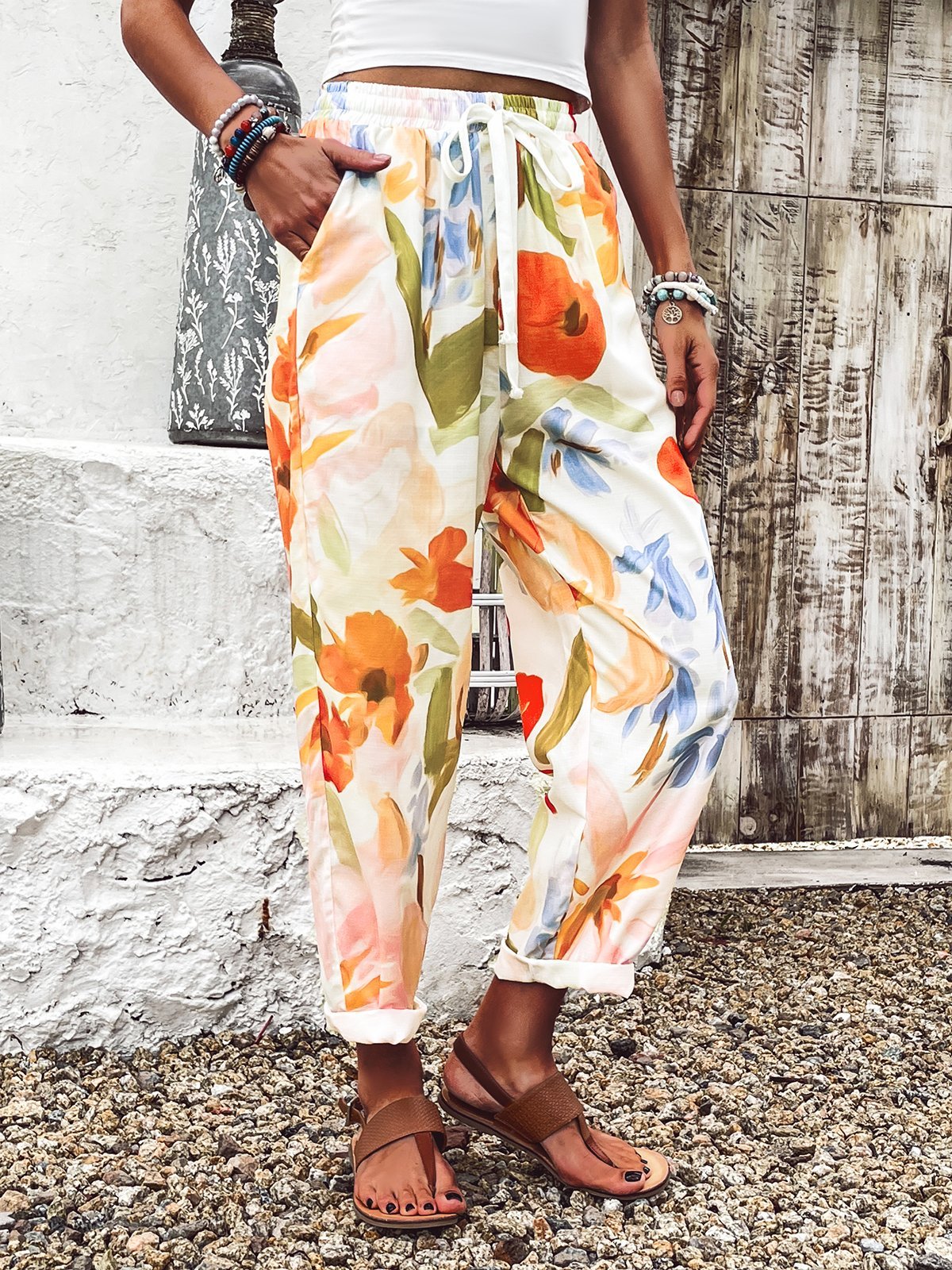Pantalons Femmes Décontracté Floral Printemps / Automne Coton Aucune élasticité Quotidien Taille Moyenne Droit Régulier