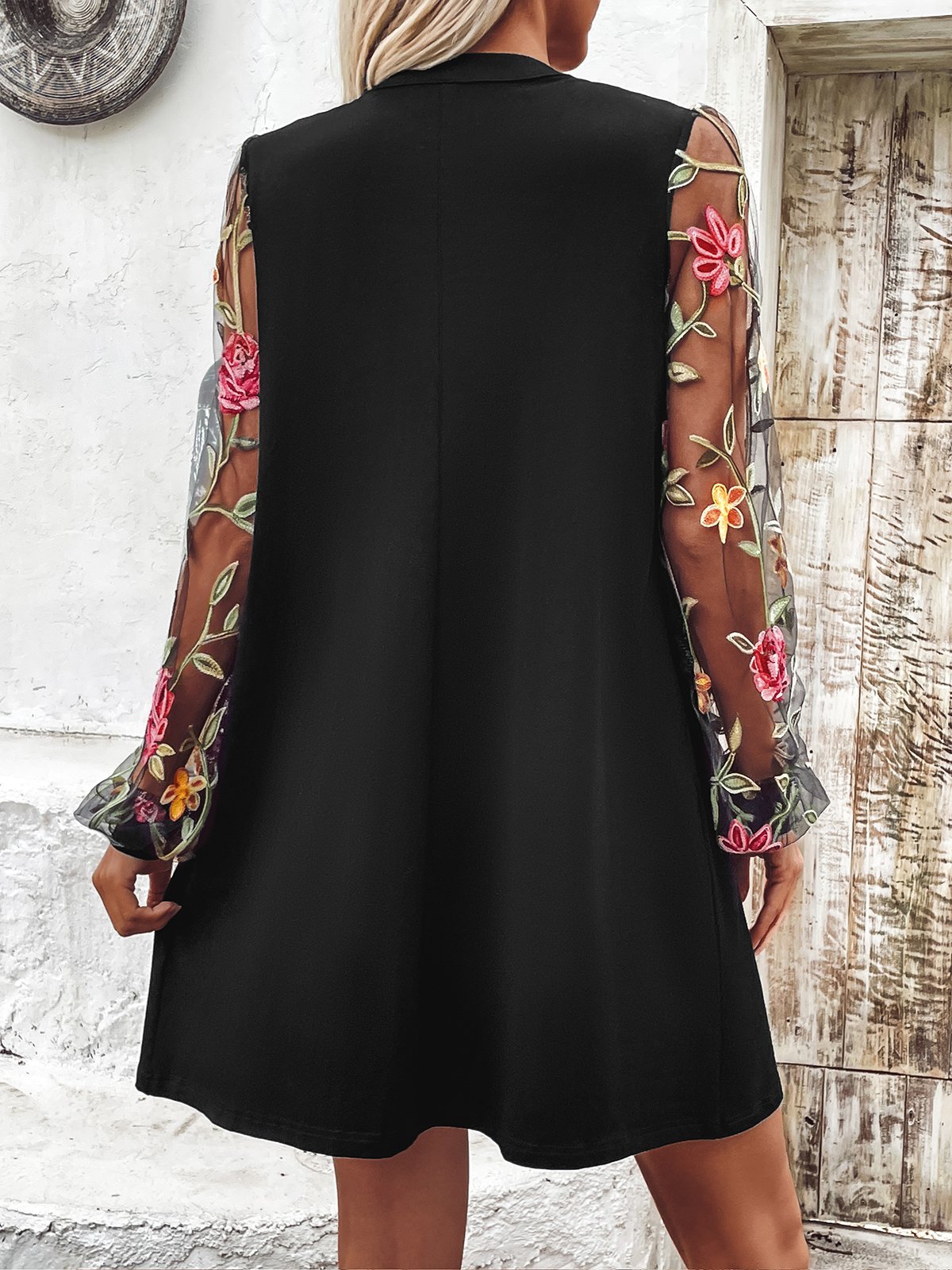 Femmes Floral Noir Col V Confortable Maille Mini Robe Décontracté