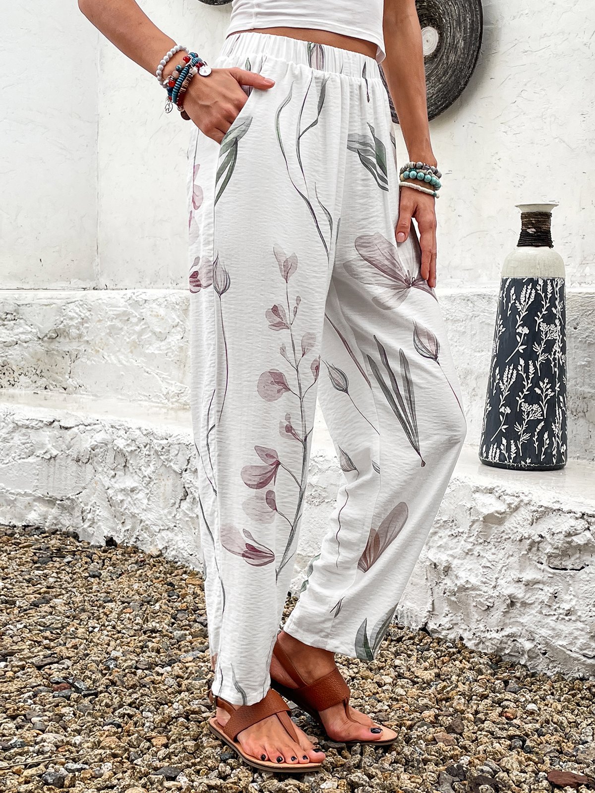 Pantalons Femmes Décontracté Floral Printemps / Automne Viscose Aucune élasticité Long Droit Régulier Poche Couture