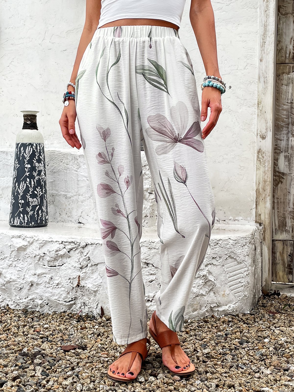 Pantalons Femmes Décontracté Floral Printemps / Automne Viscose Aucune élasticité Long Droit Régulier Poche Couture