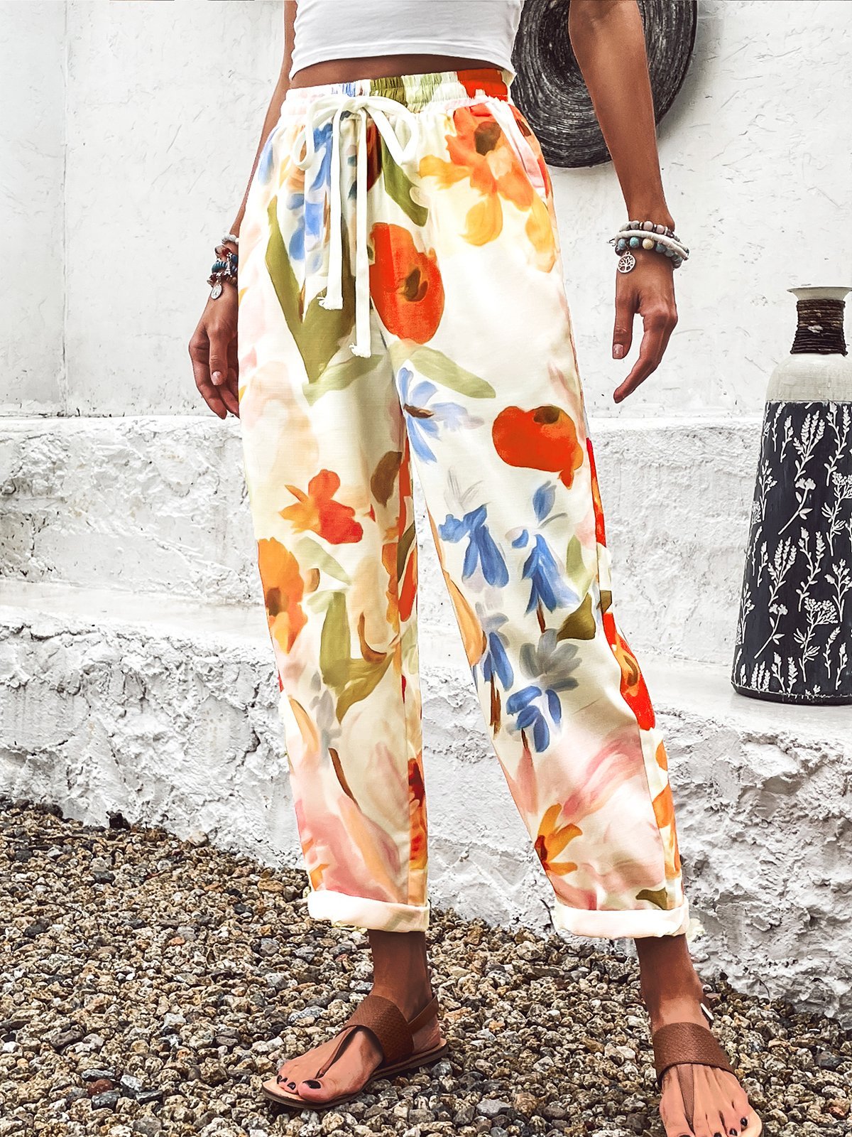 Pantalons Femmes Décontracté Floral Printemps / Automne Coton Aucune élasticité Quotidien Taille Moyenne Droit Régulier