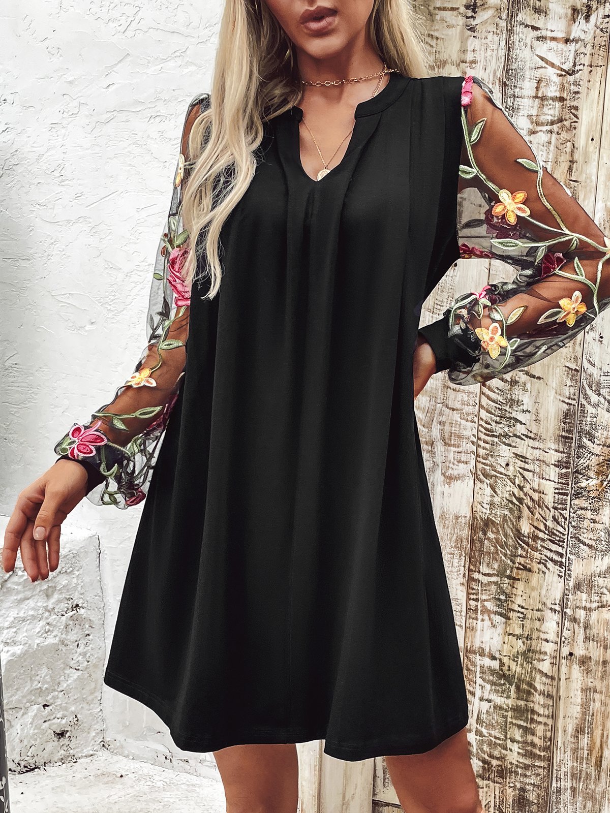 Femmes Floral Noir Col V Confortable Maille Mini Robe Décontracté