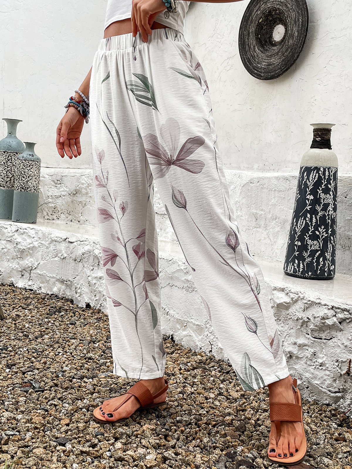 Pantalons Femmes Décontracté Floral Printemps / Automne Viscose Aucune élasticité Long Droit Régulier Poche Couture