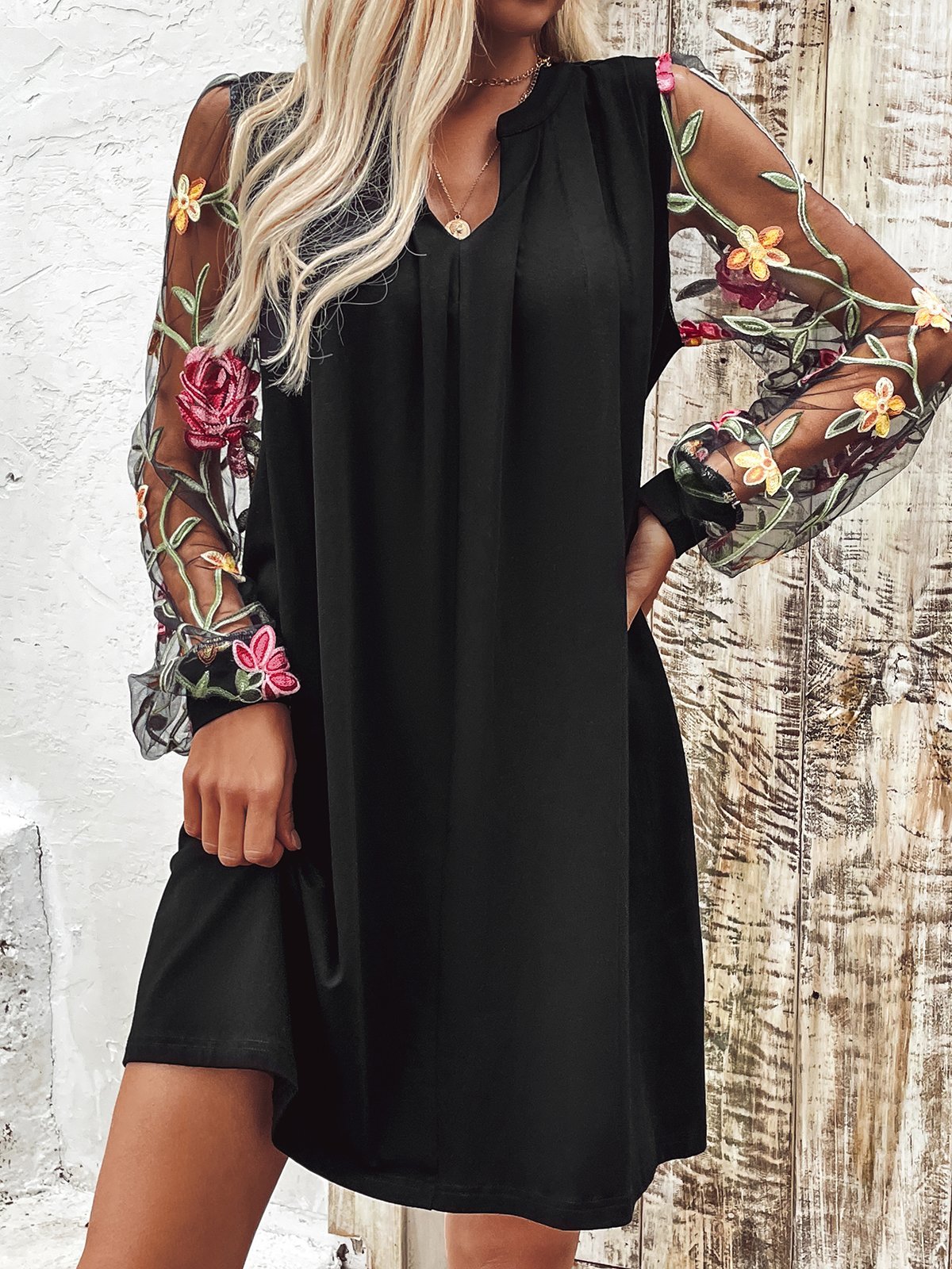 Femmes Floral Noir Col V Confortable Maille Mini Robe Décontracté