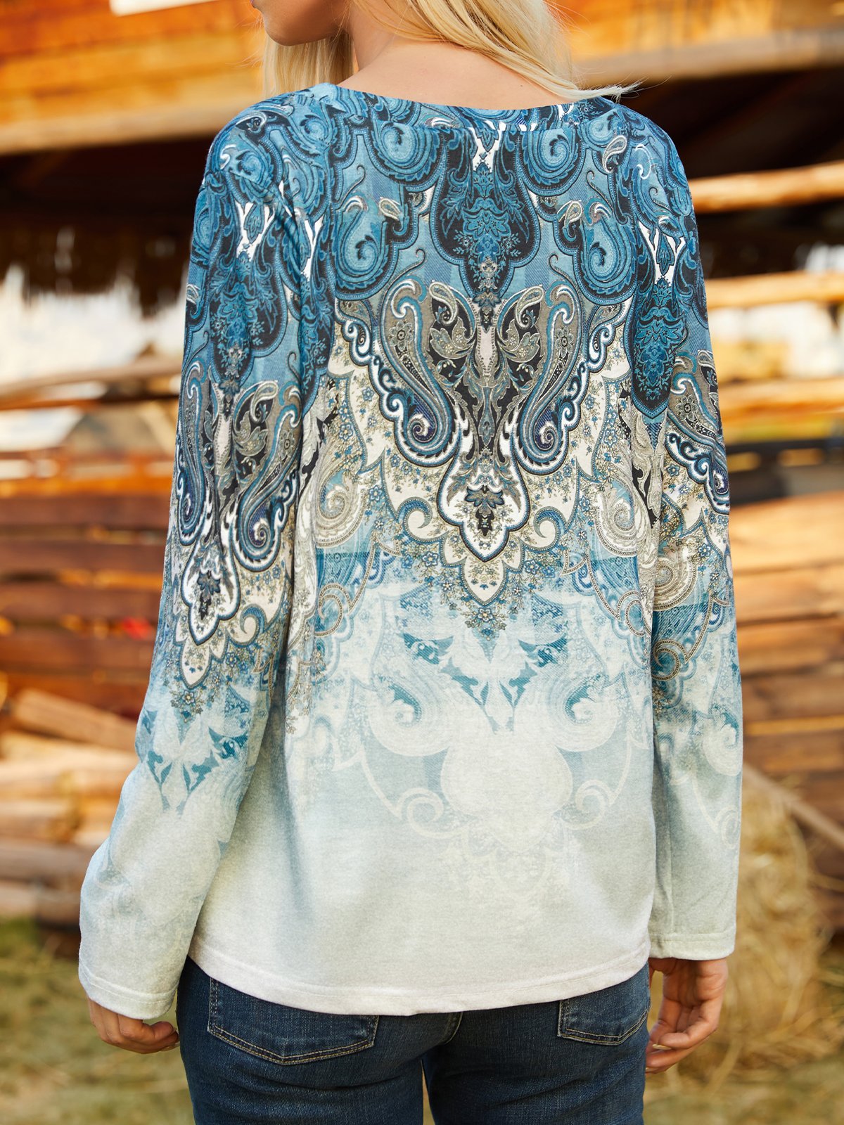 T-shirts Boho Ethnique Printemps / Automne Jersey Manches Longues Régulier Régulier Col mi-ouvert N / A pour Femmes