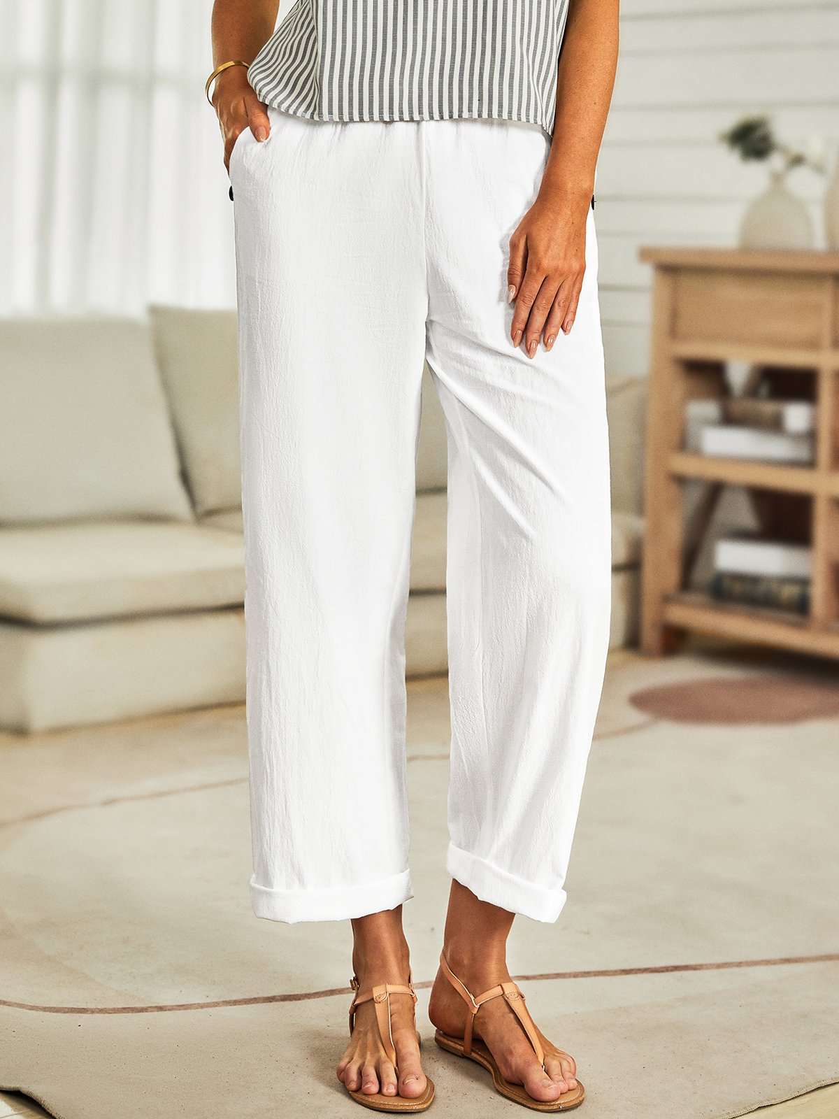 Pantalon décontracté femme décontracté été solide sans élasticité Date pantalon droit ample nouvelle couleur unie H-Line
