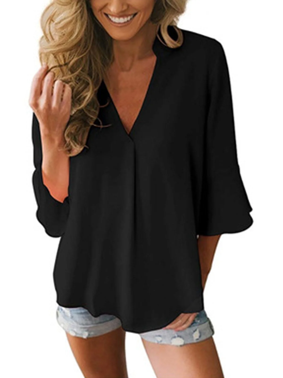 Décontracté Col V Unicolore Blouse