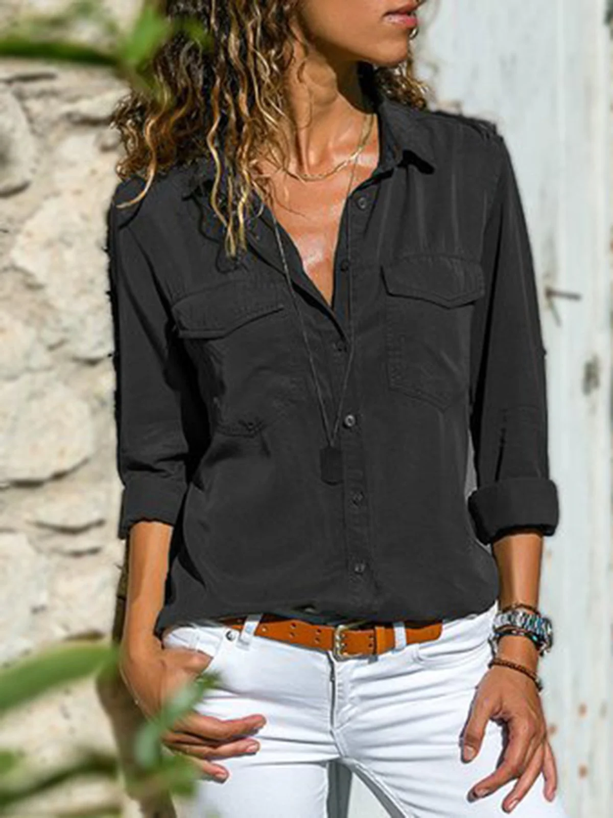 Femmes Mode Col Revers Unicolore Col V Manches Longues Blouse