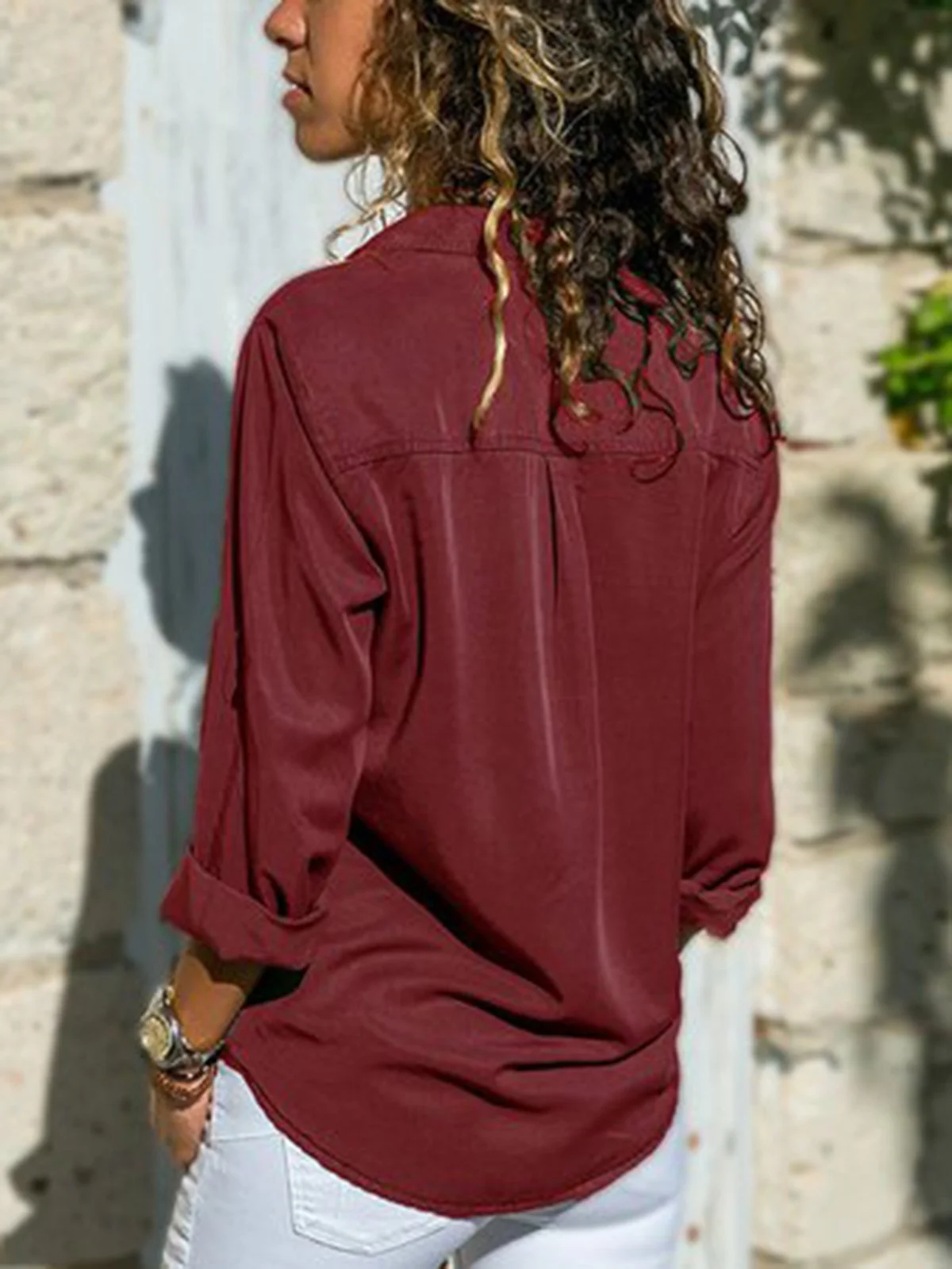 Femmes Mode Col Revers Unicolore Col V Manches Longues Blouse