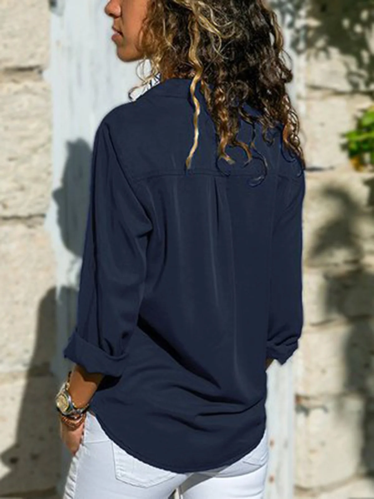 Femmes Mode Col Revers Unicolore Col V Manches Longues Blouse