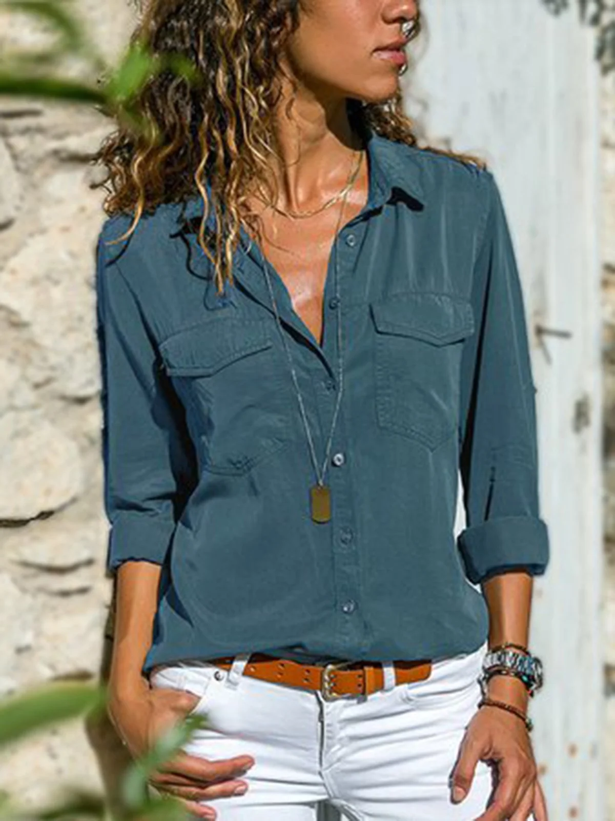 Femmes Mode Col Revers Unicolore Col V Manches Longues Blouse