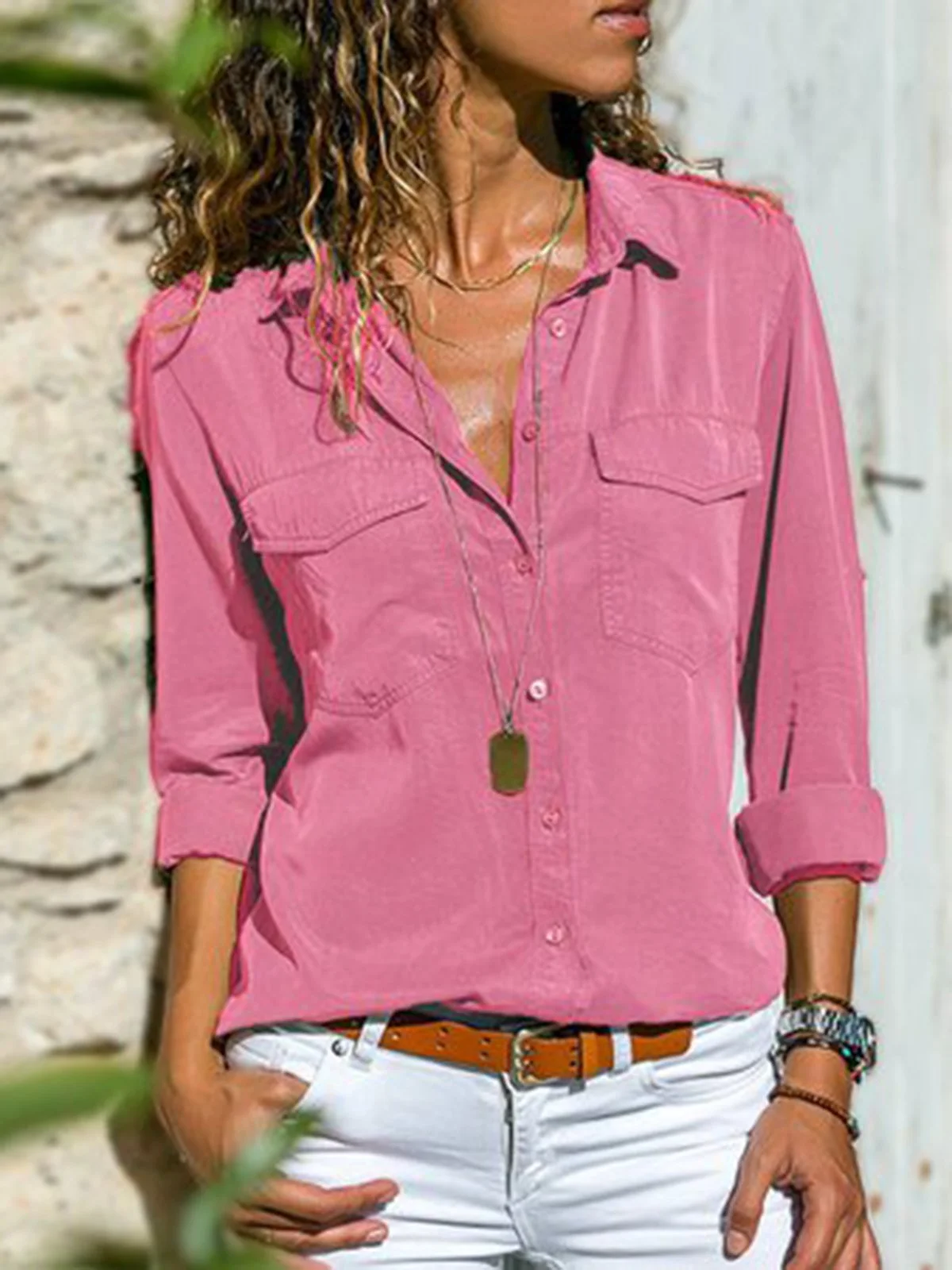 Femmes Mode Col Revers Unicolore Col V Manches Longues Blouse