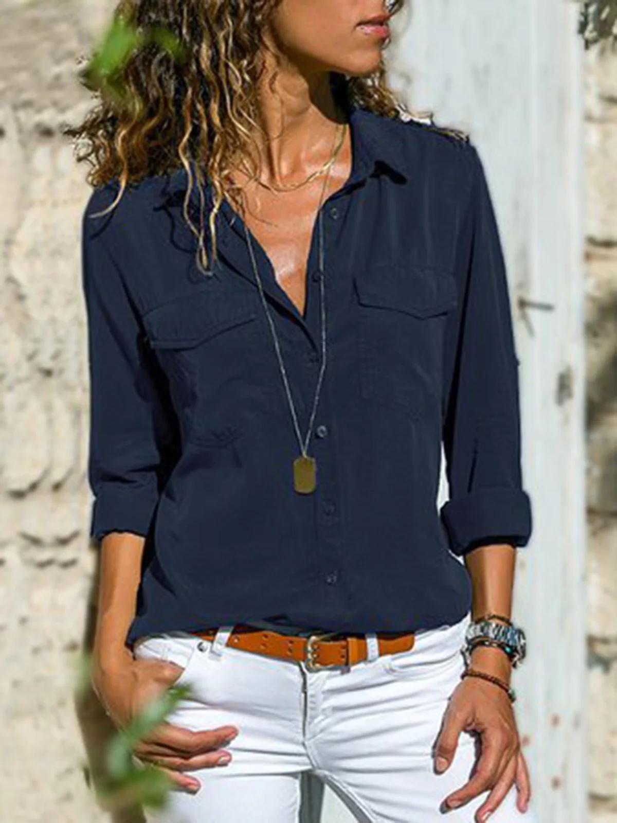 Femmes Mode Col Revers Unicolore Col V Manches Longues Blouse