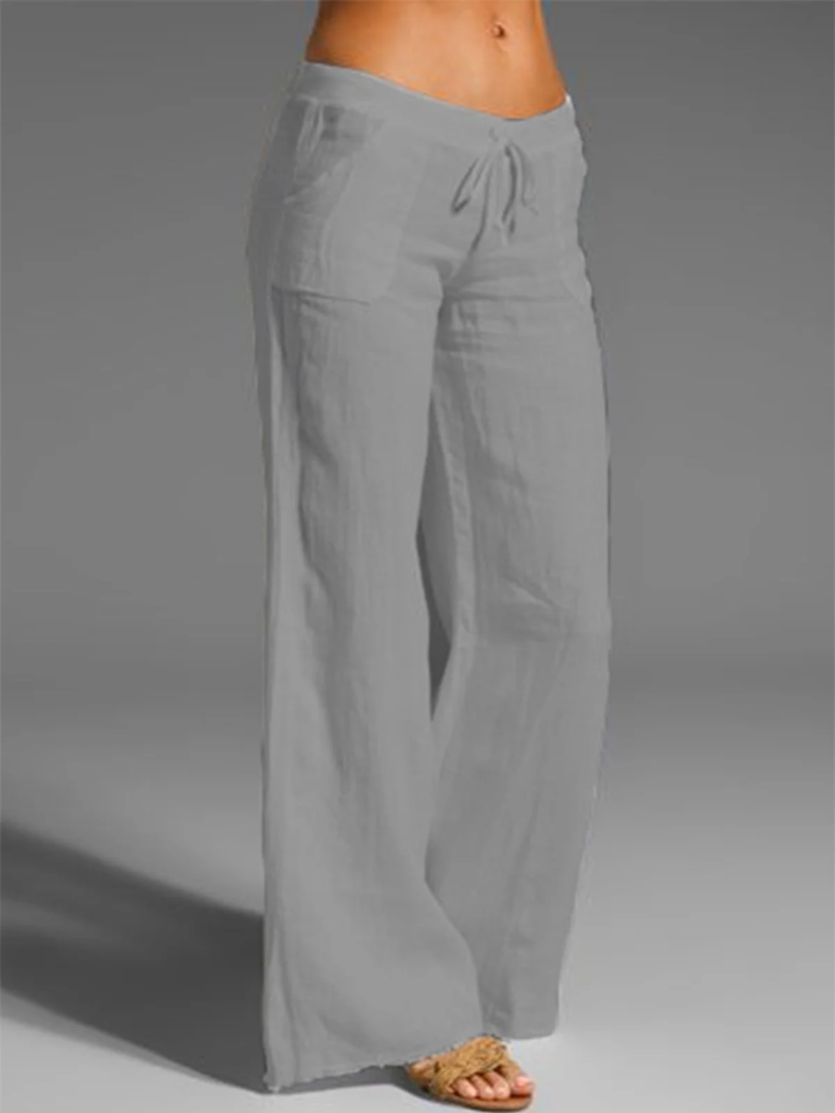 Décontracté mi-hauteur Unicolore en Lin à Jambe Droite Pantalons